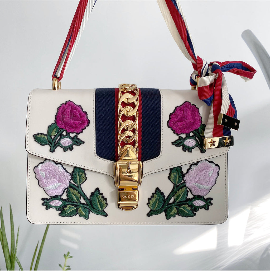 Gucci White Embroidered Floral Small Sylvie Bag