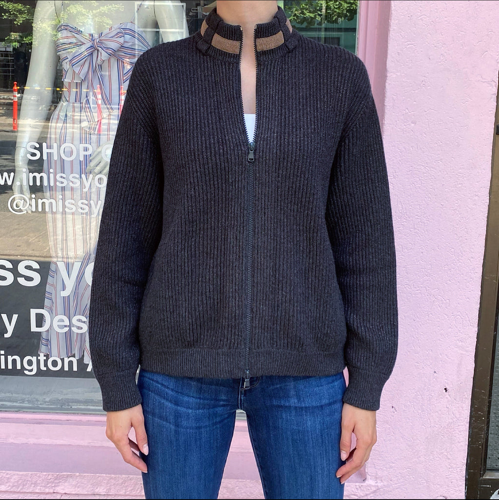 Brunello Cucinelli Dark Grey and Copper Monili Zip Cashmere Sweater - S