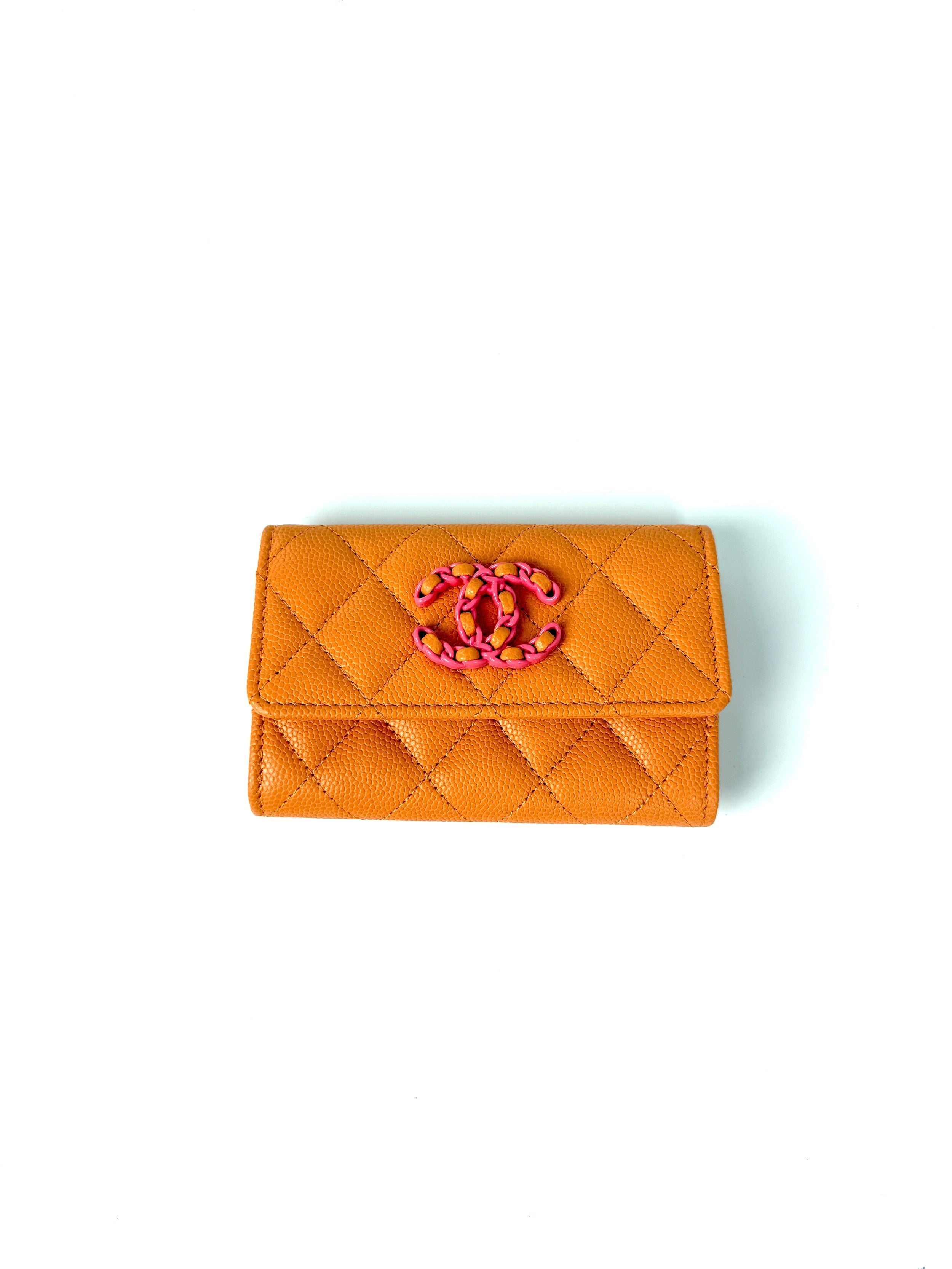 CHANEL 19 Flap Caviar Leather Orange Pink 2024 Compact  Holder Case