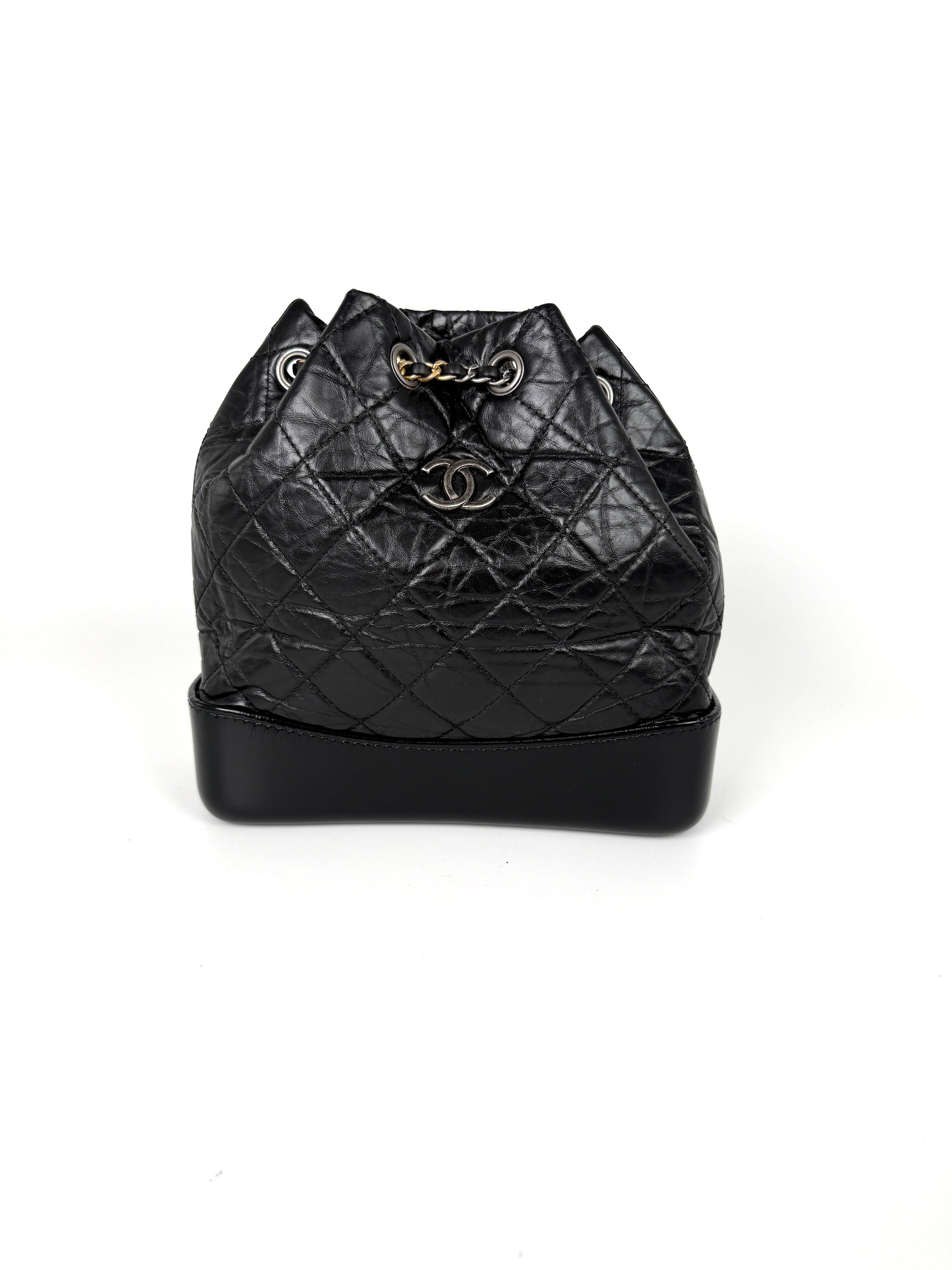 CHANEL Gabrielle Small Quilted Aged Calfskin Leather Black Backpack Bag