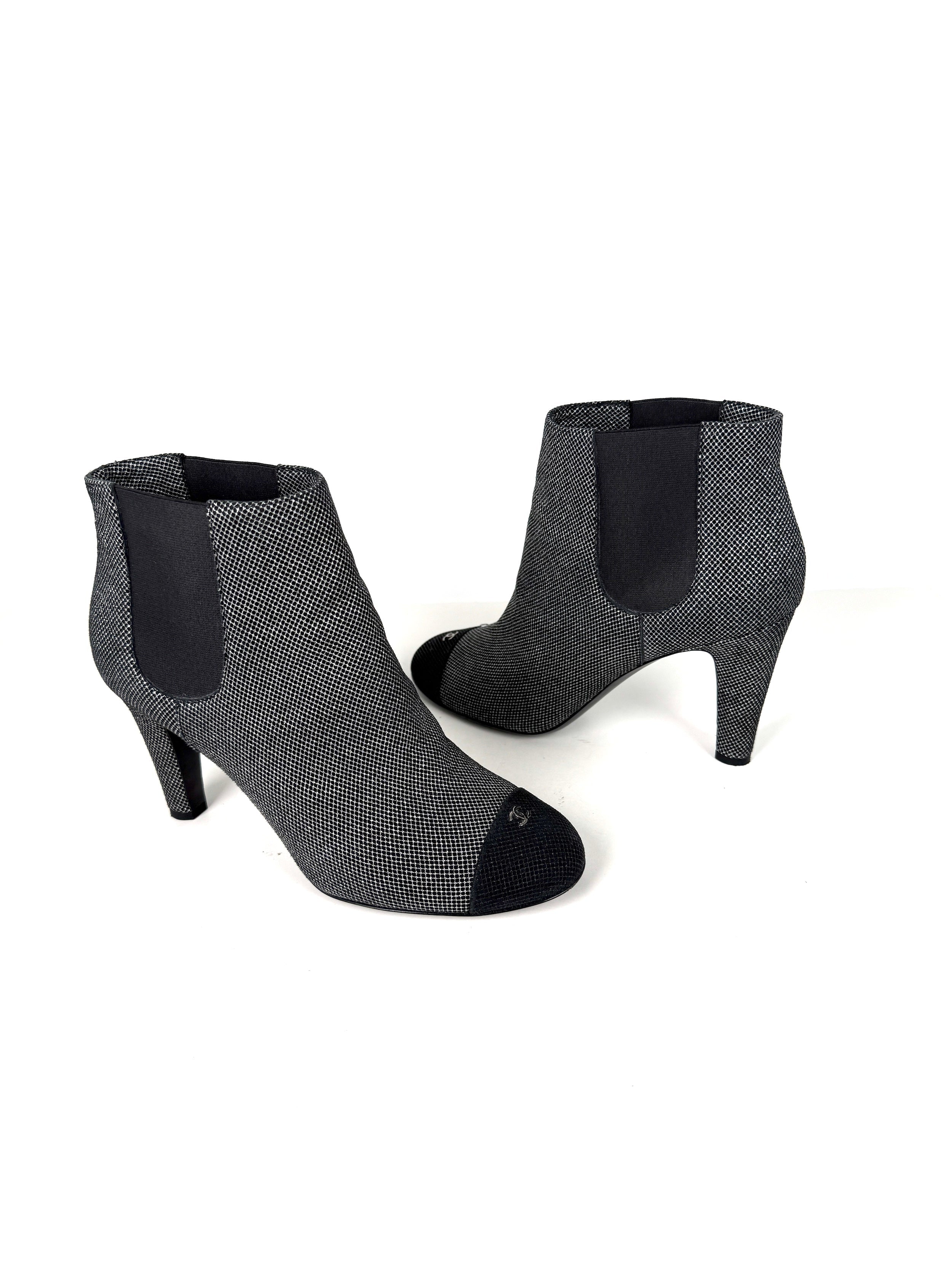 CHANEL Black Silver Tweed CC Logo Ankle Booties Boots 40 9.5