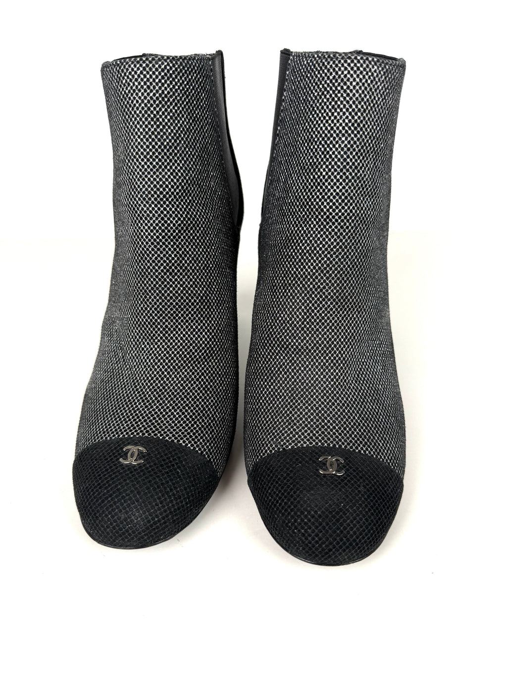 CHANEL Black Silver Tweed CC Logo Ankle Booties Boots 40 9.5