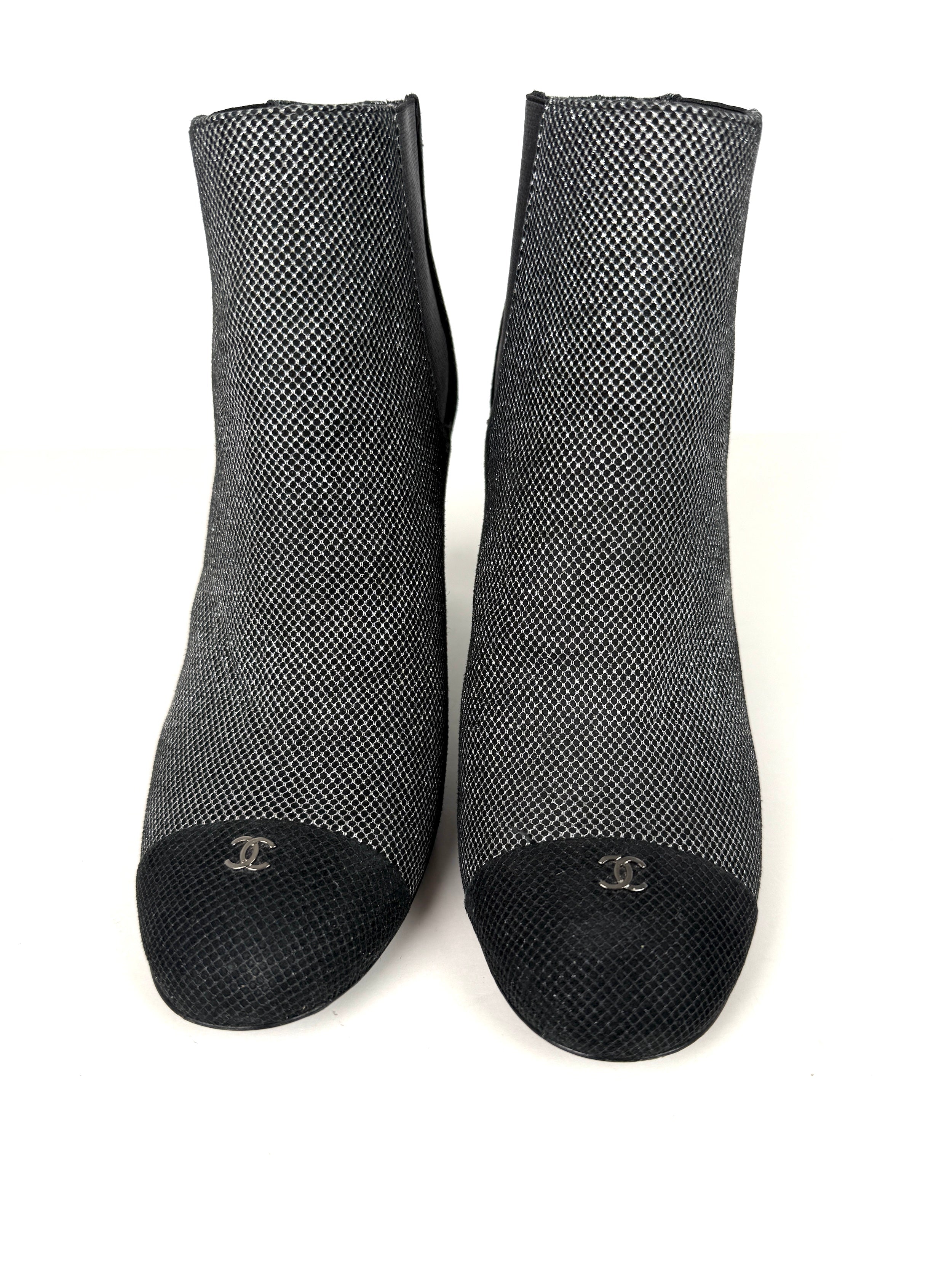 CHANEL Black Silver Tweed CC Logo Ankle Booties Boots 40 9.5