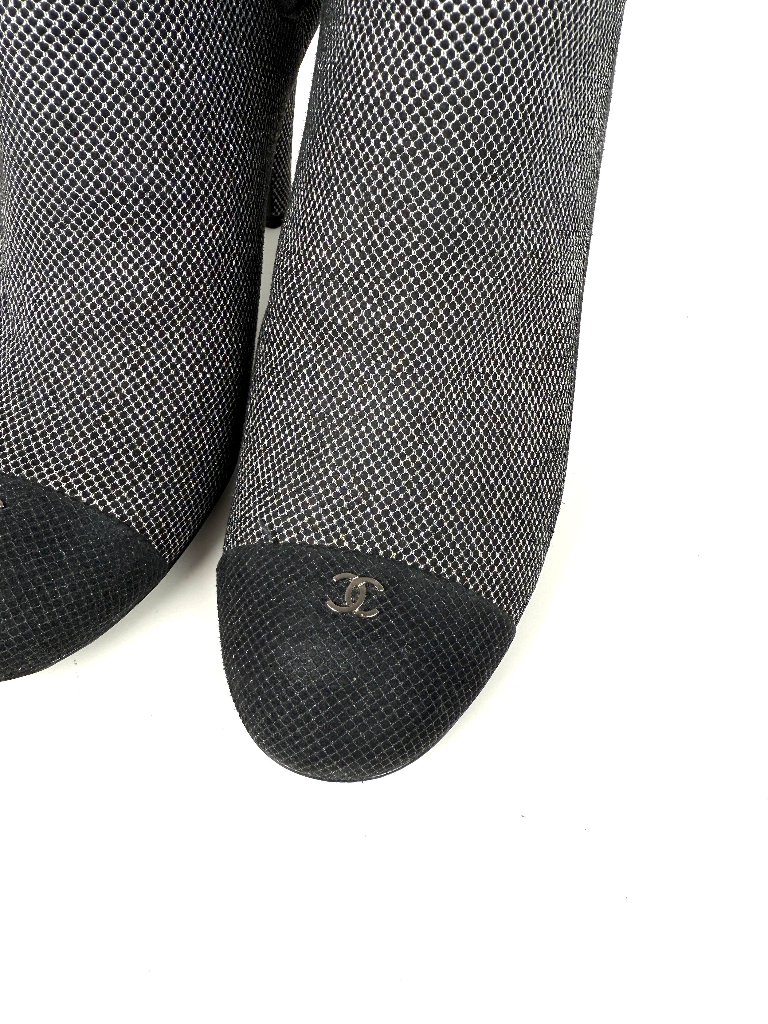 CHANEL Black Silver Tweed CC Logo Ankle Booties Boots 40 9.5