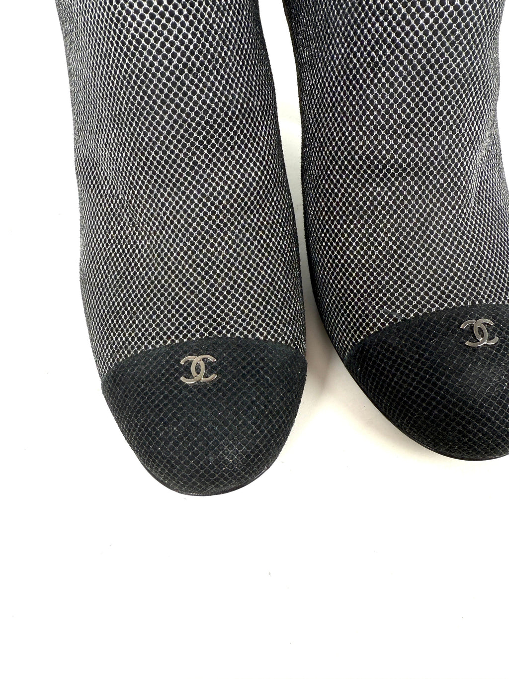 CHANEL Black Silver Tweed CC Logo Ankle Booties Boots 40 9.5