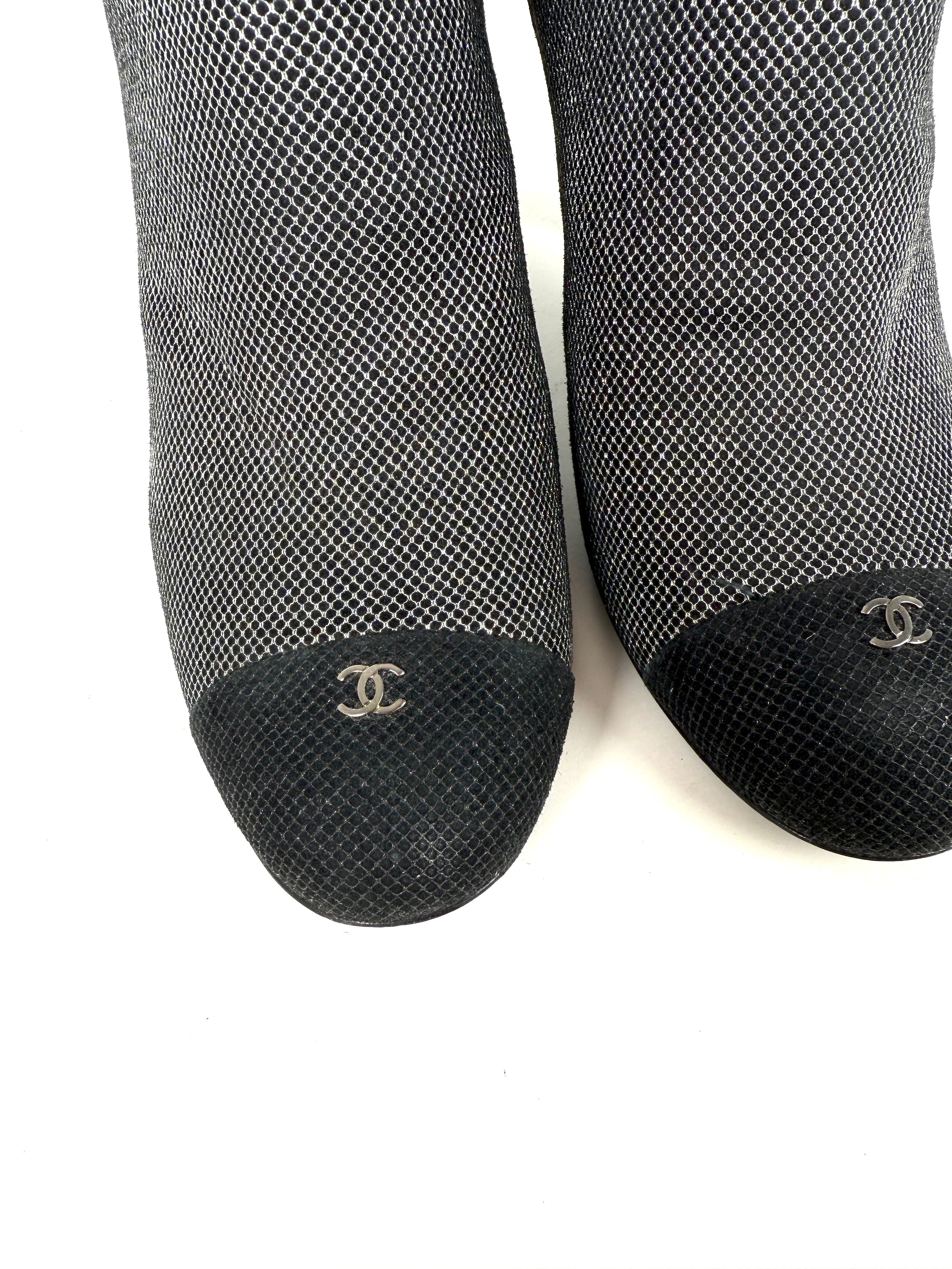 CHANEL Black Silver Tweed CC Logo Ankle Booties Boots 40 9.5