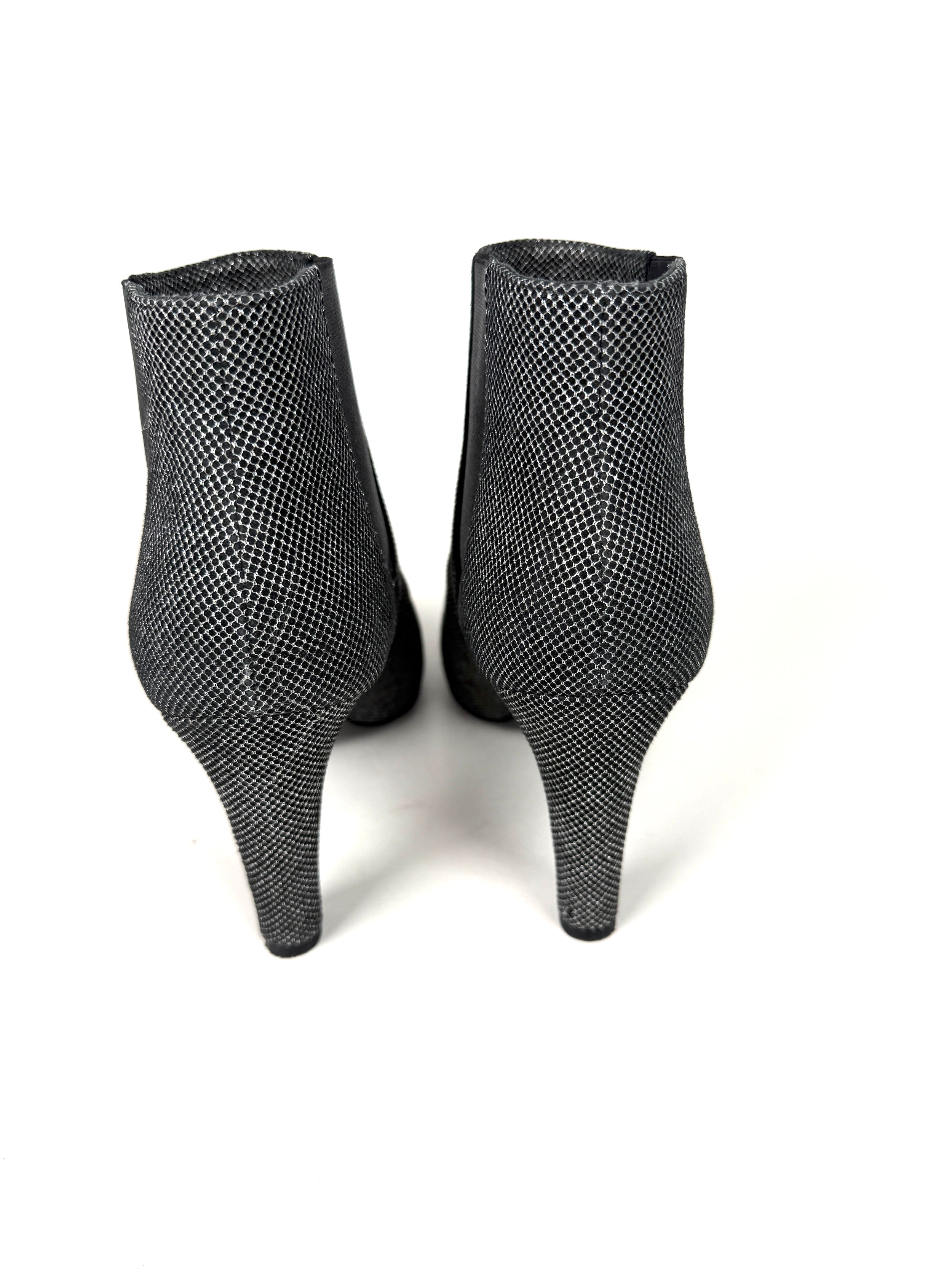 CHANEL Black Silver Tweed CC Logo Ankle Booties Boots 40 9.5