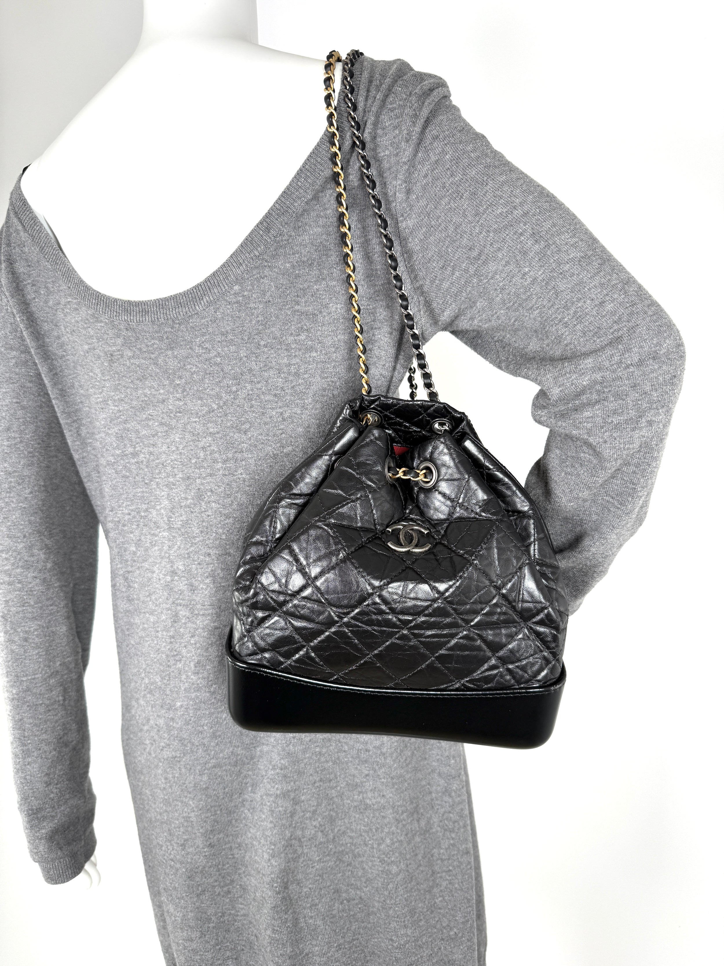 CHANEL Gabrielle Small Quilted Aged Calfskin Leather Black Backpack Bag