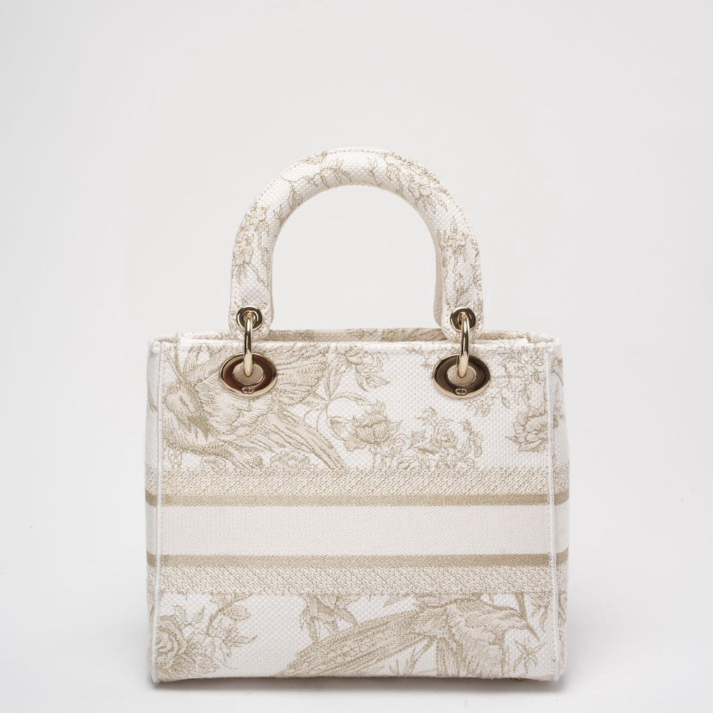 Christian Dior White / Gold Canvas Reverse Embroidered Toile De Joy Medium Lady D-Lite