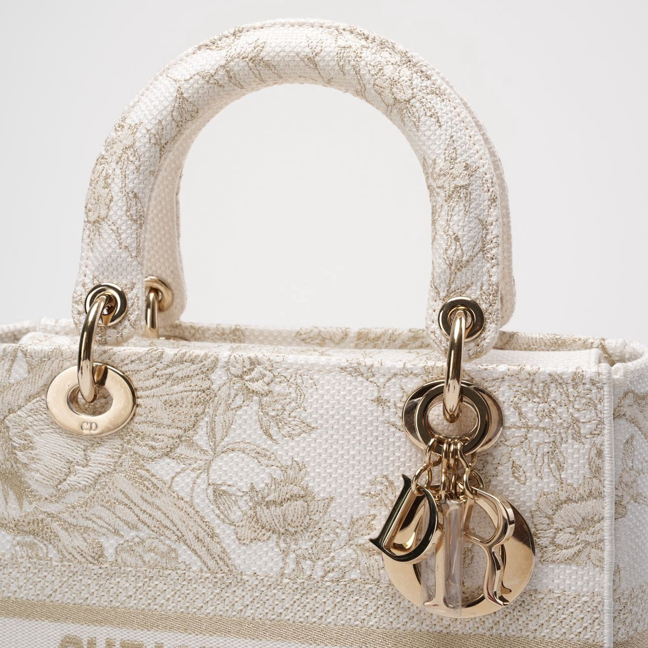 Christian Dior White / Gold Canvas Reverse Embroidered Toile De Joy Medium Lady D-Lite