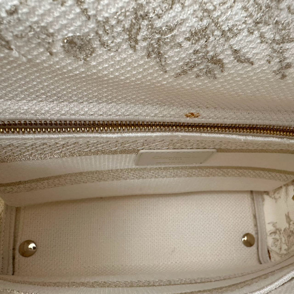 Christian Dior White / Gold Canvas Reverse Embroidered Toile De Joy Medium Lady D-Lite