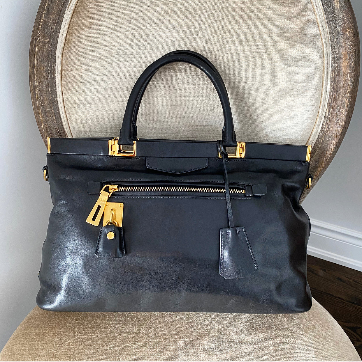 Prada Black Smooth Leather Hinge Frame Tote Bag