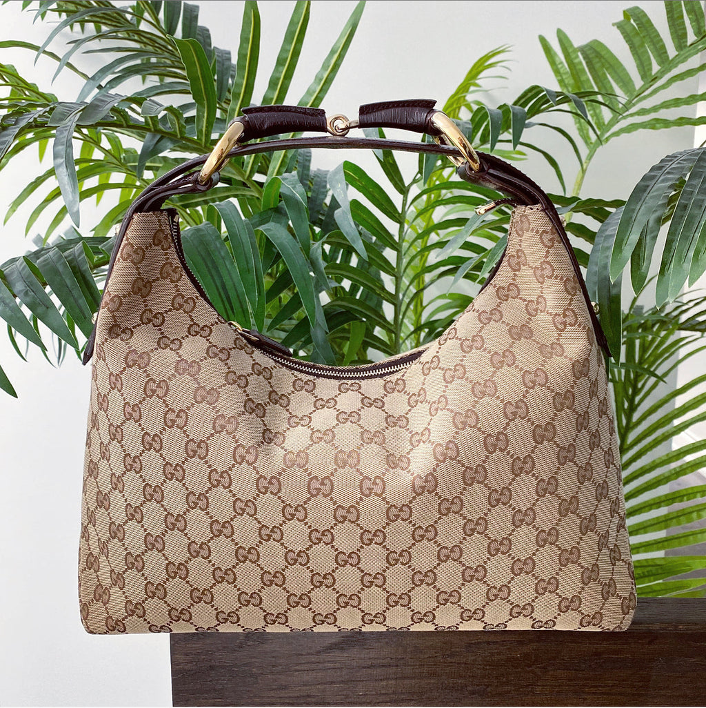 Gucci Brown Monogram Horsebit Medium Hobo Bag