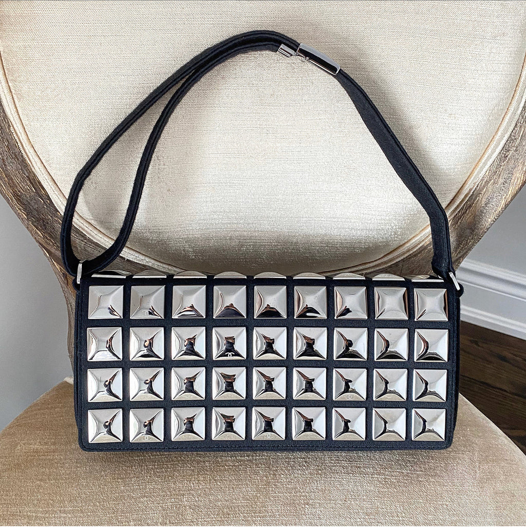 Chanel Choco Bar Silver Metal Stud and Black Wool Shoulder Bag