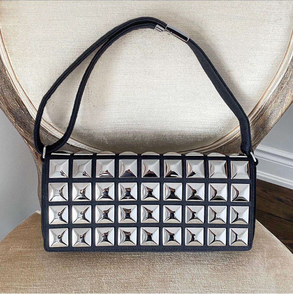 Chanel Choco Bar Silver Metal Stud and Black Wool Shoulder Bag