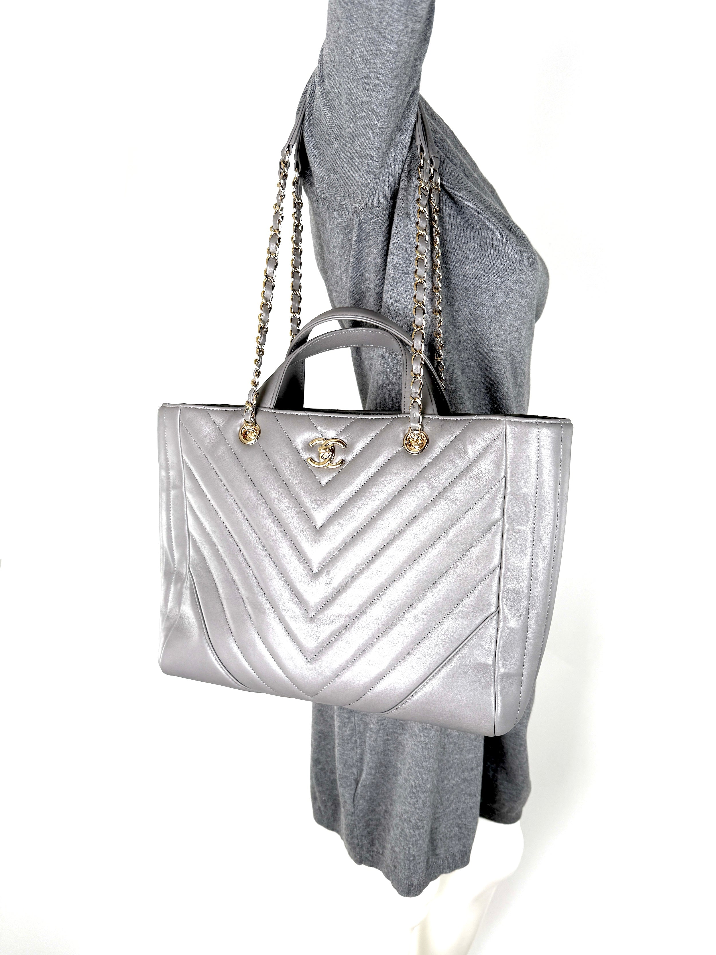 CHANEL Chevron Statement Gray Quilted Calfskin Shopping Tote Bag
