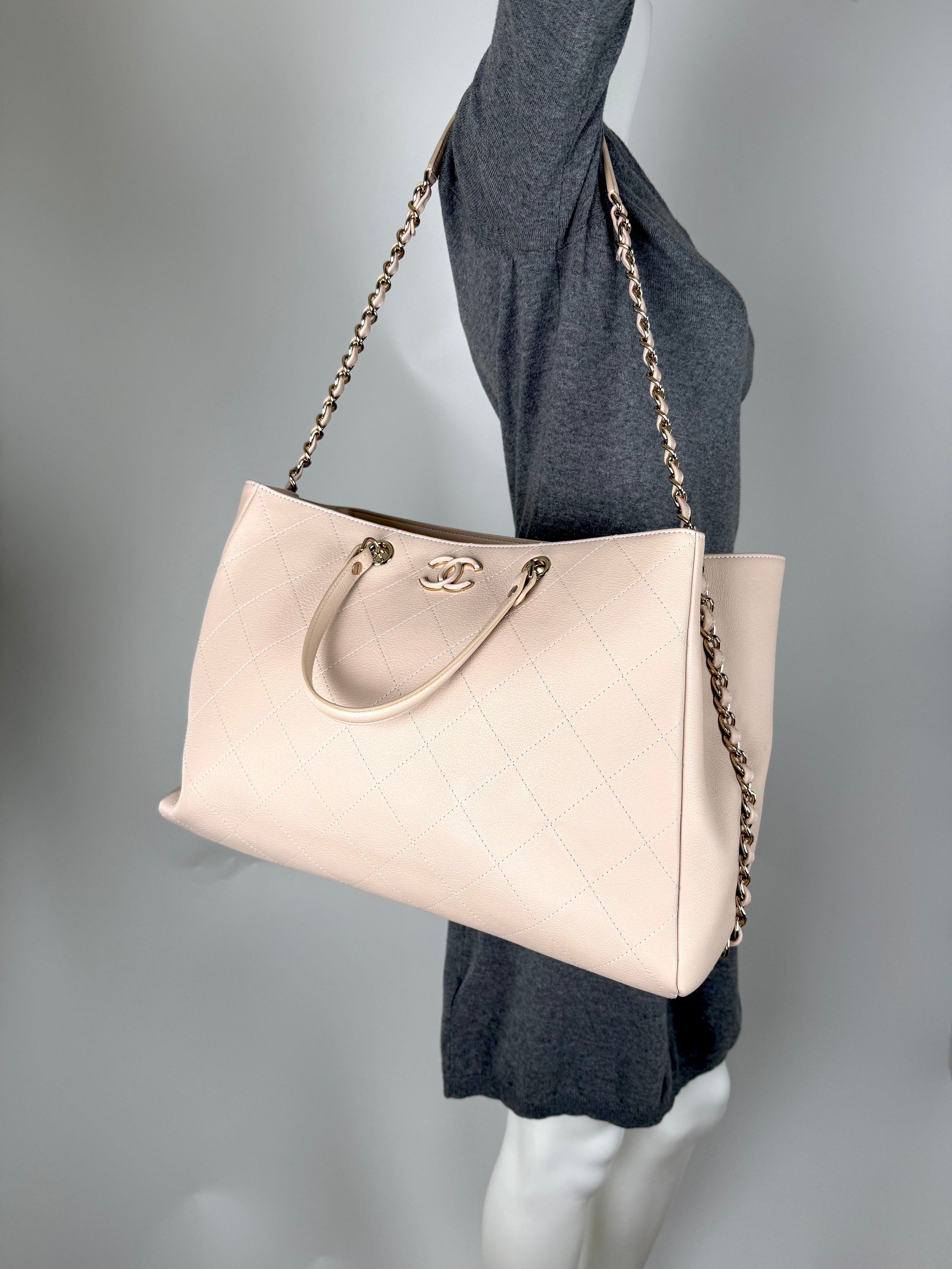 CHANEL Bullskin Stitched Cream Shopping Tote Bag