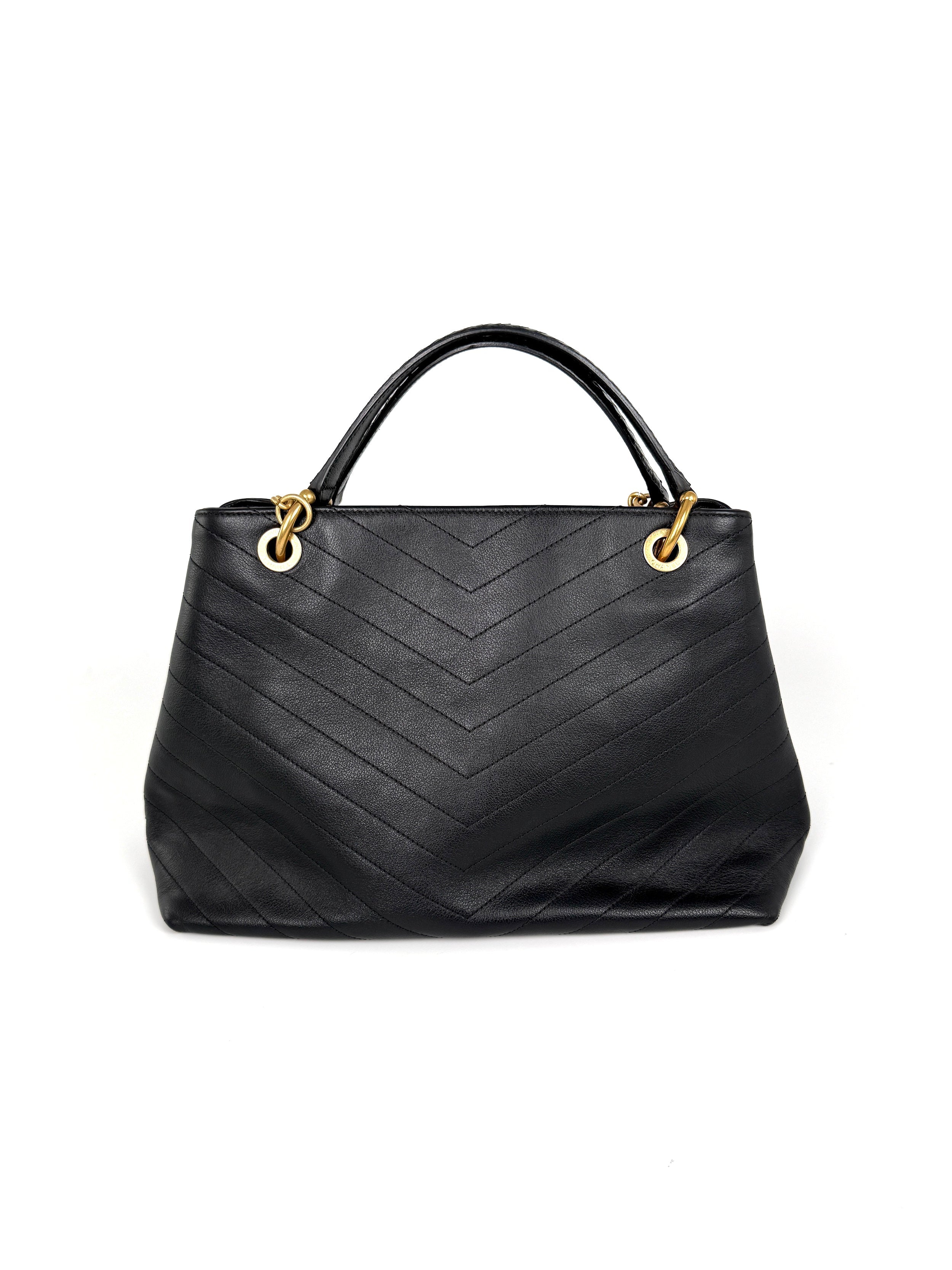 CHANEL Large Chevron Stitched Chic Shopping Black Calfskin Leather Snakeskin Tote Bag