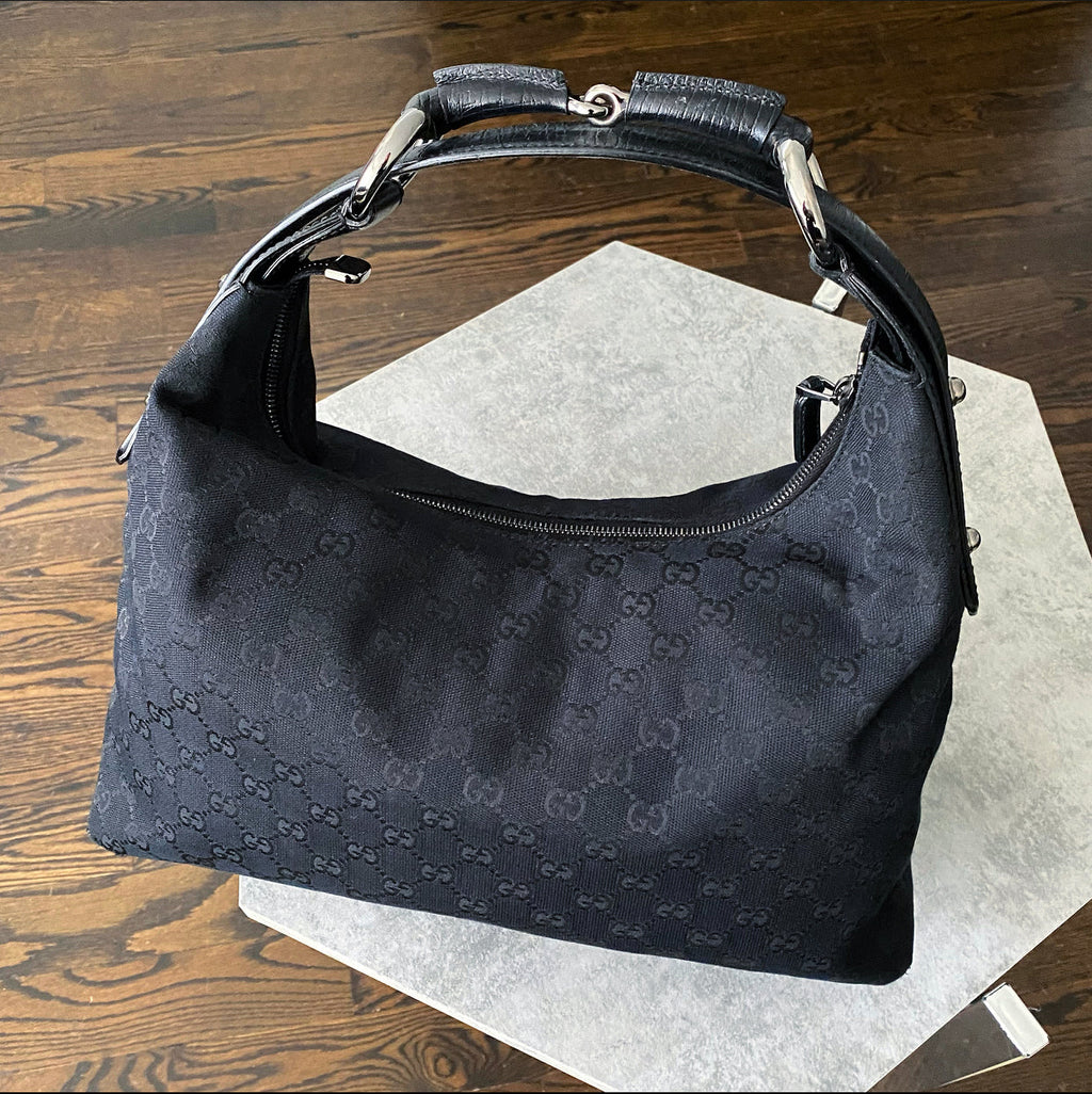 Gucci Black Monogram Canvas Horsebit Hobo Bag