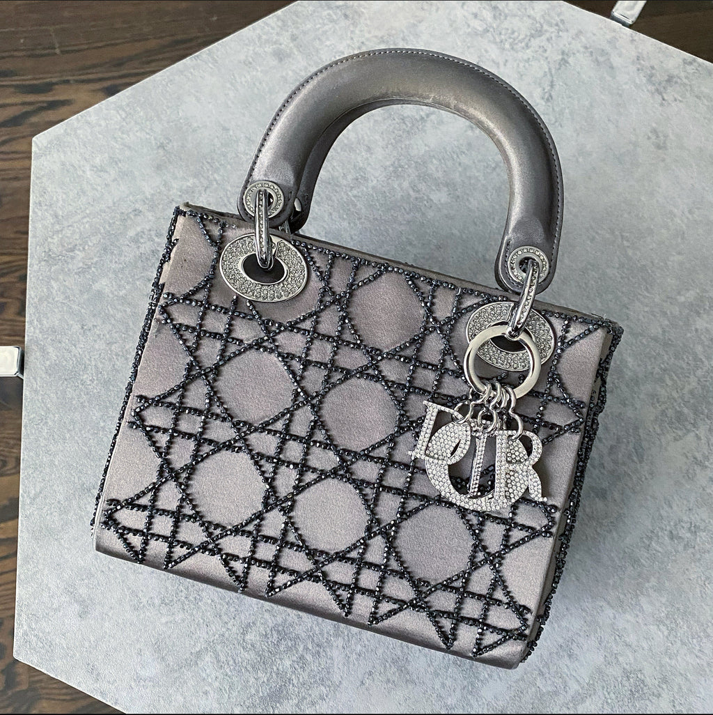 Dior Vintage Grey Satin Mini Beaded Strass Crystal Lady Dior Bag