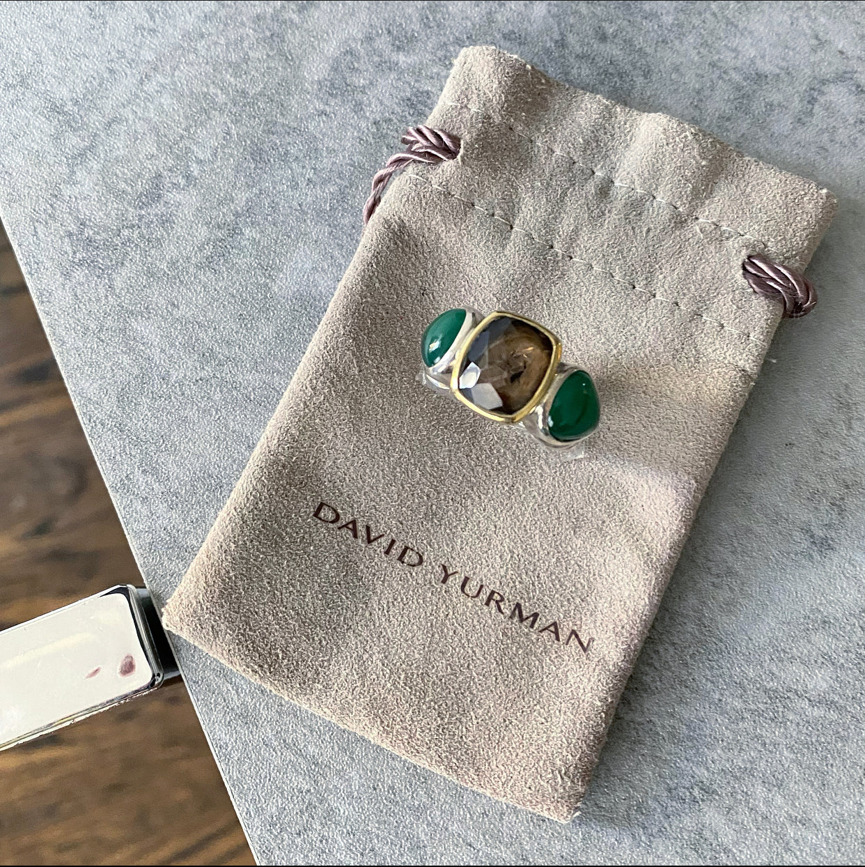 David Yurman Sterling / 18k Gold Green Onyx and Smoky Quartz Ring - 6