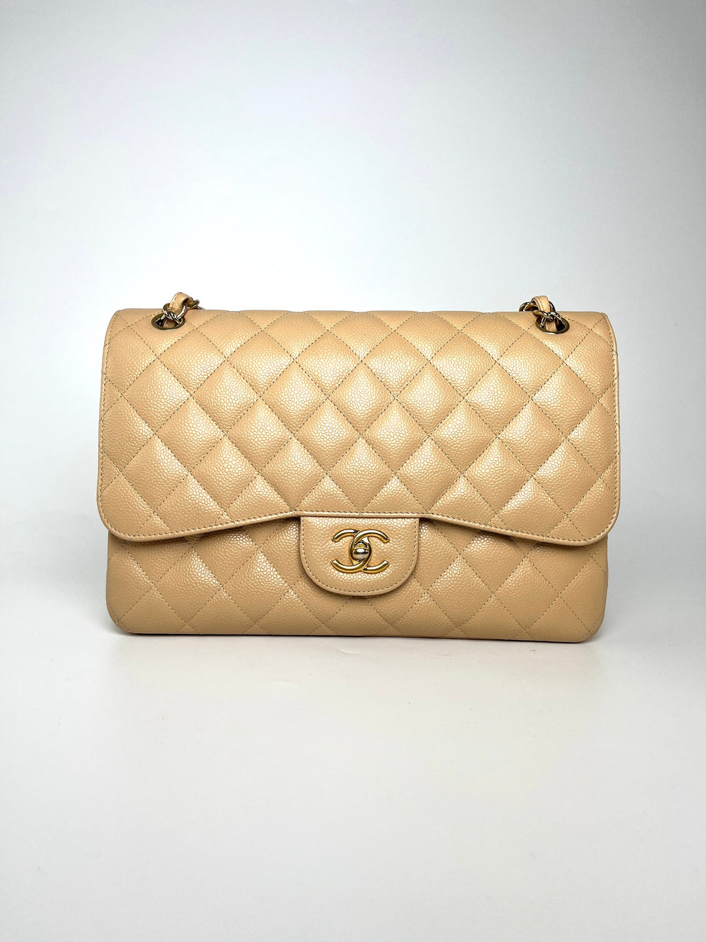 CHANEL Jumbo Classic Double Quilted Caviar Beige Leather Flap Bag