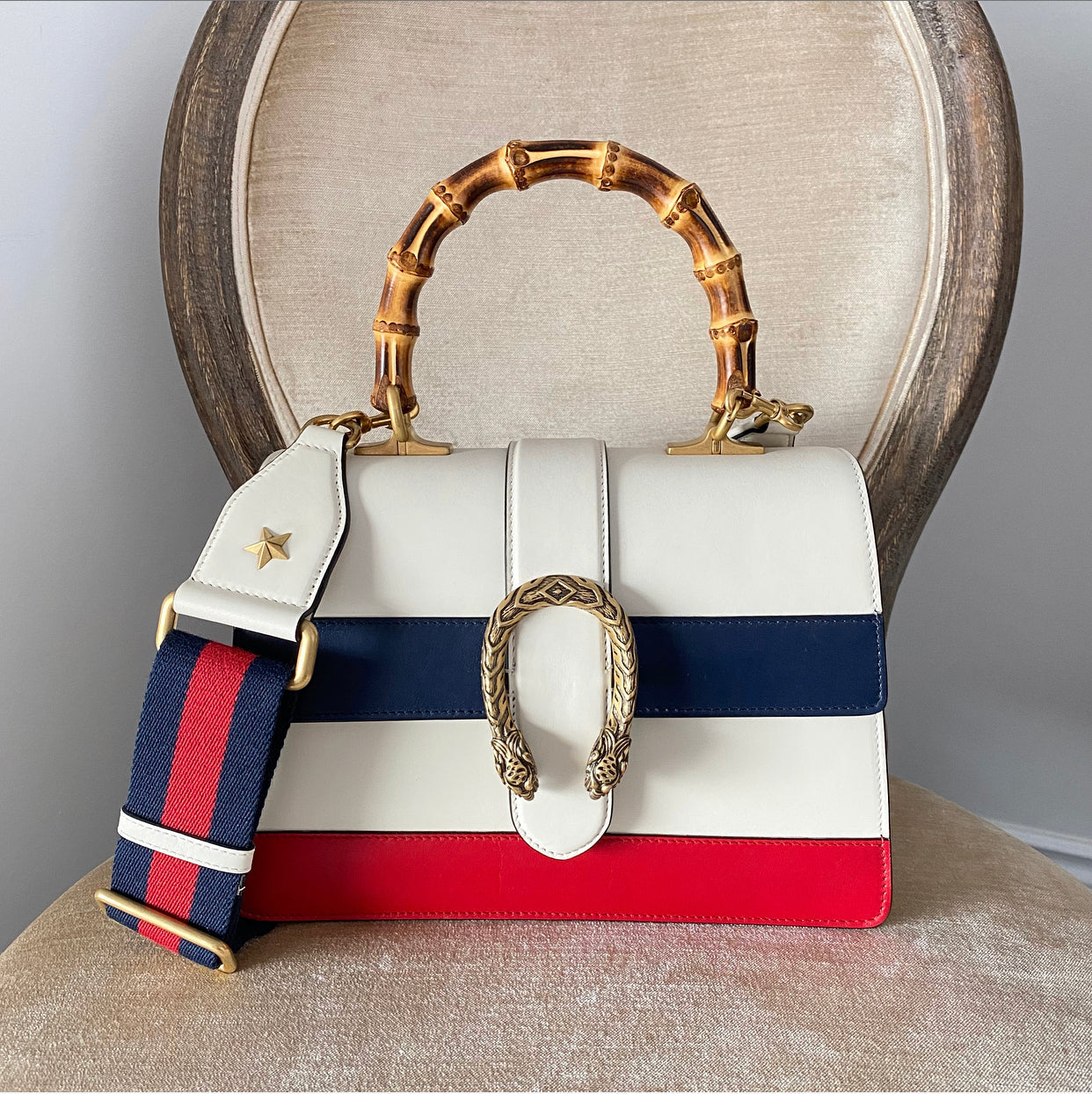 Gucci Medium Dionysus Bamboo Top Handle Stripe Bag