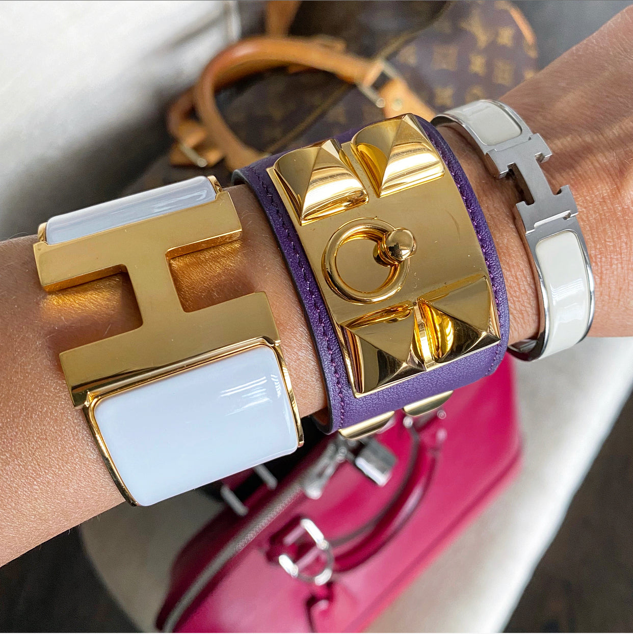 Hermes Extra Wide Clic H Bracelet in White and Gold