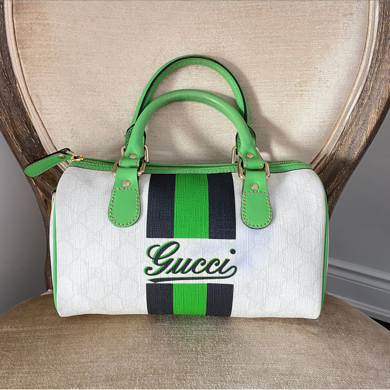 Gucci White Monogram Supreme Small Joy Boston Bag with Green Logo