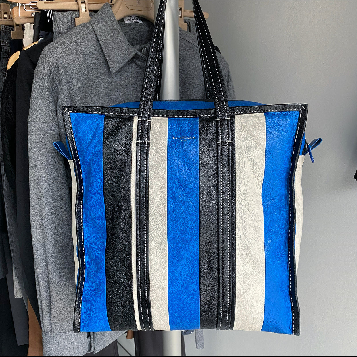 Balenciaga Bazaar Blue Stripe Leather Large Tote Bag