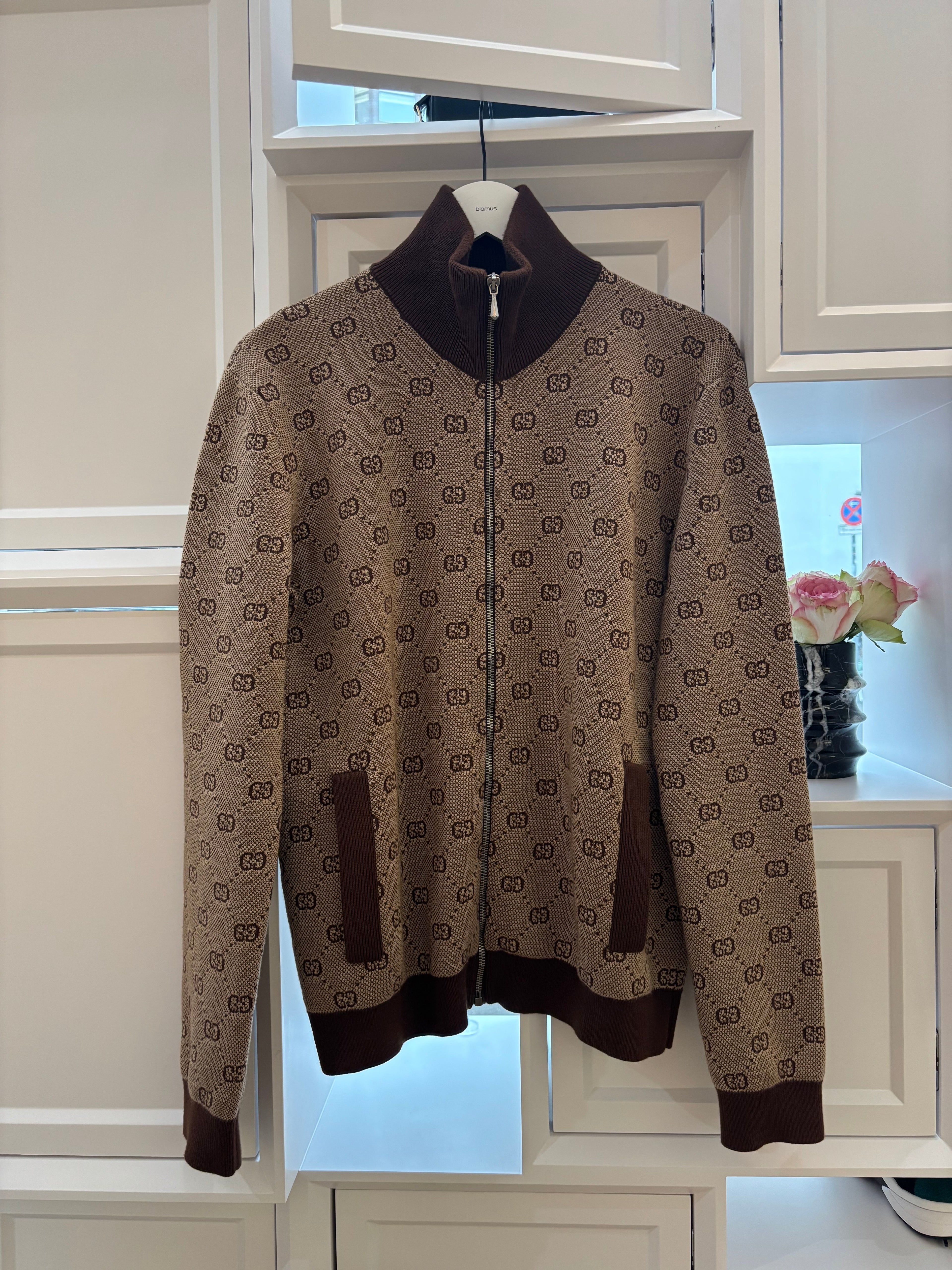 Gucci Brown GG Jacquard Wool Knit Bomber Jacket Size S