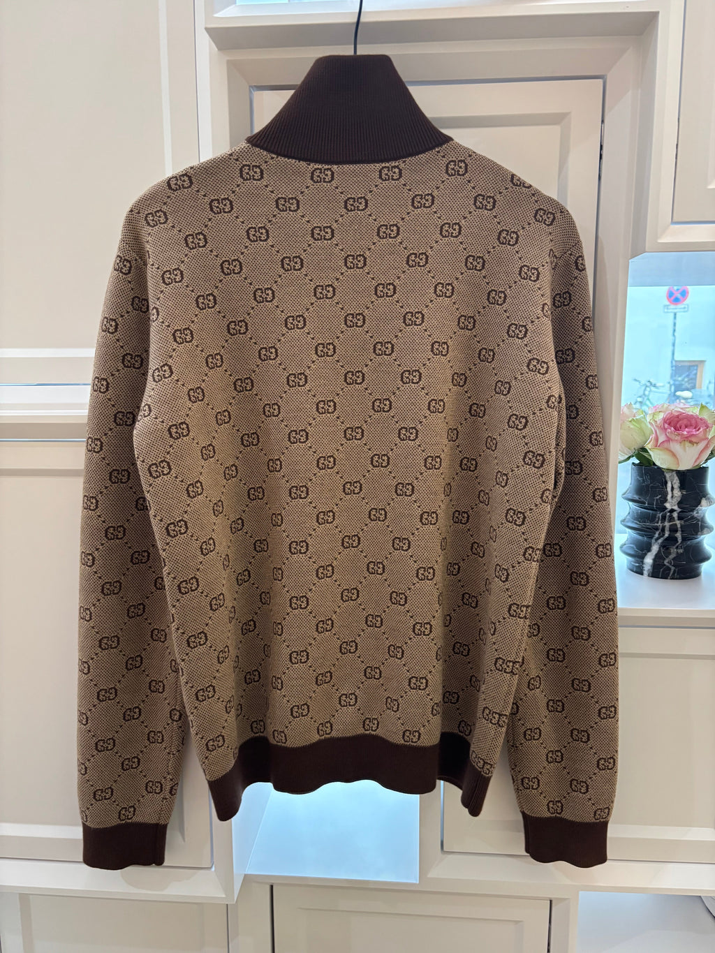 Gucci Brown GG Jacquard Wool Knit Bomber Jacket Size S