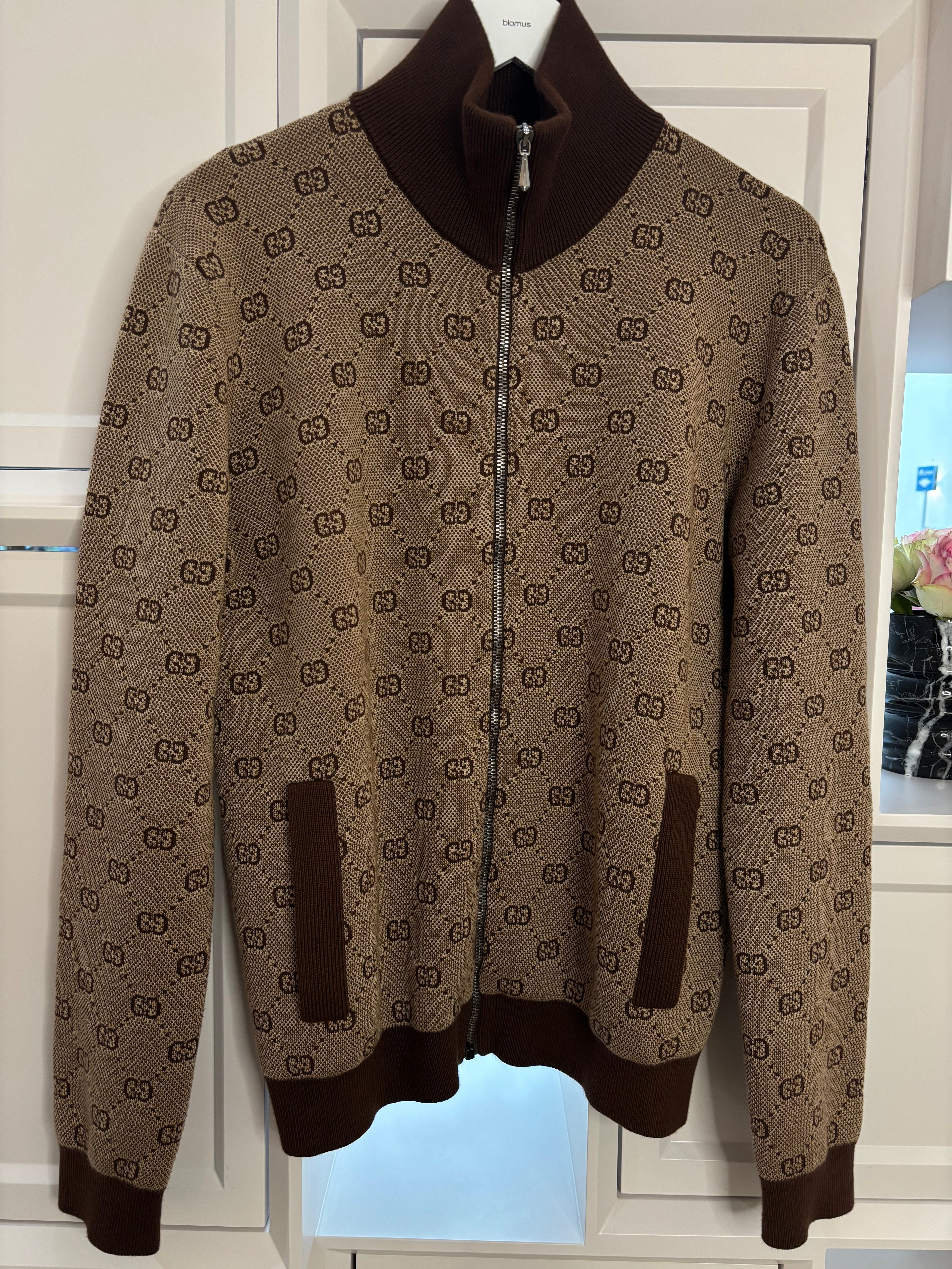 Gucci Brown GG Jacquard Wool Knit Bomber Jacket Size S