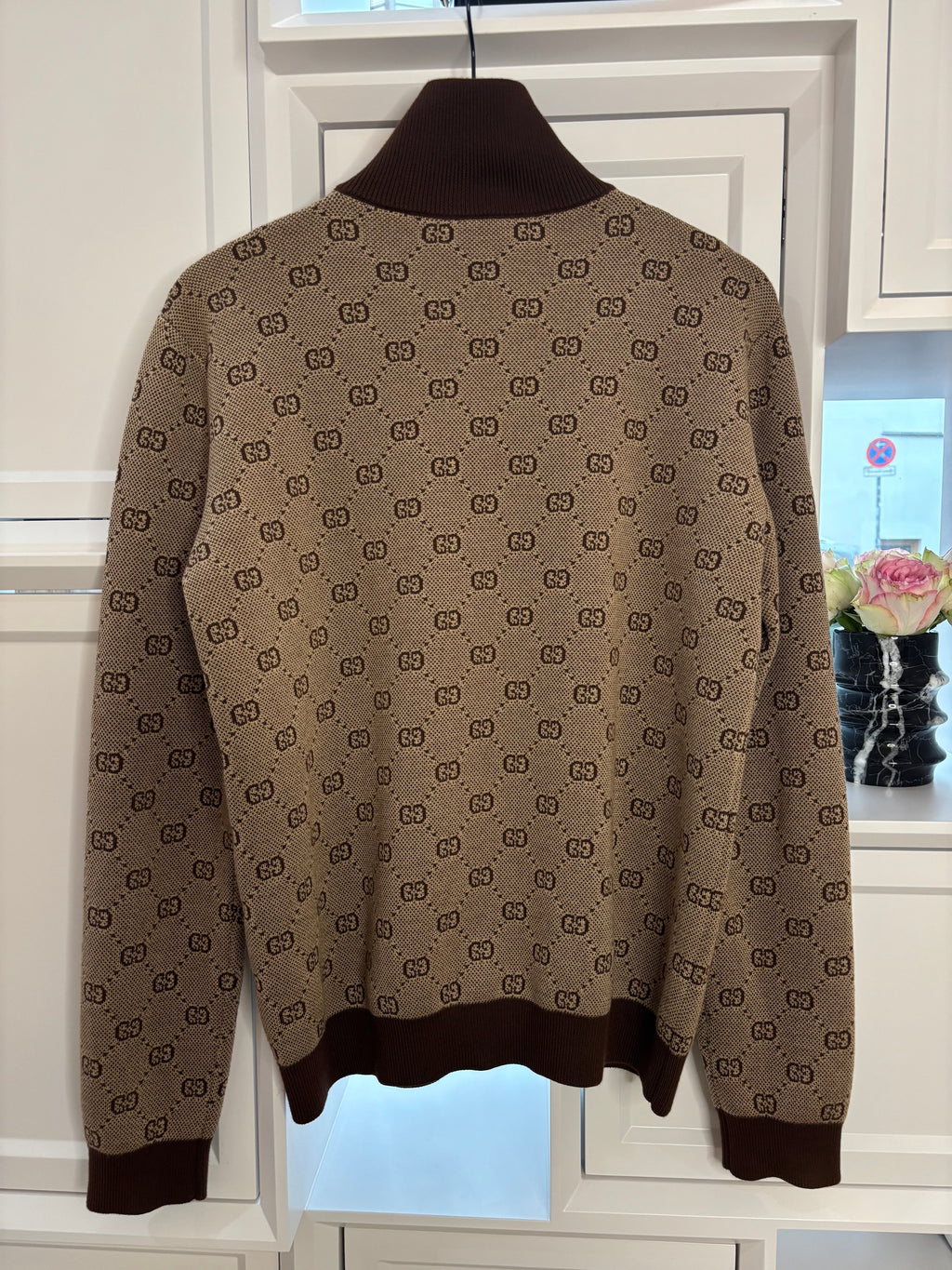 Gucci Brown GG Jacquard Wool Knit Bomber Jacket Size S