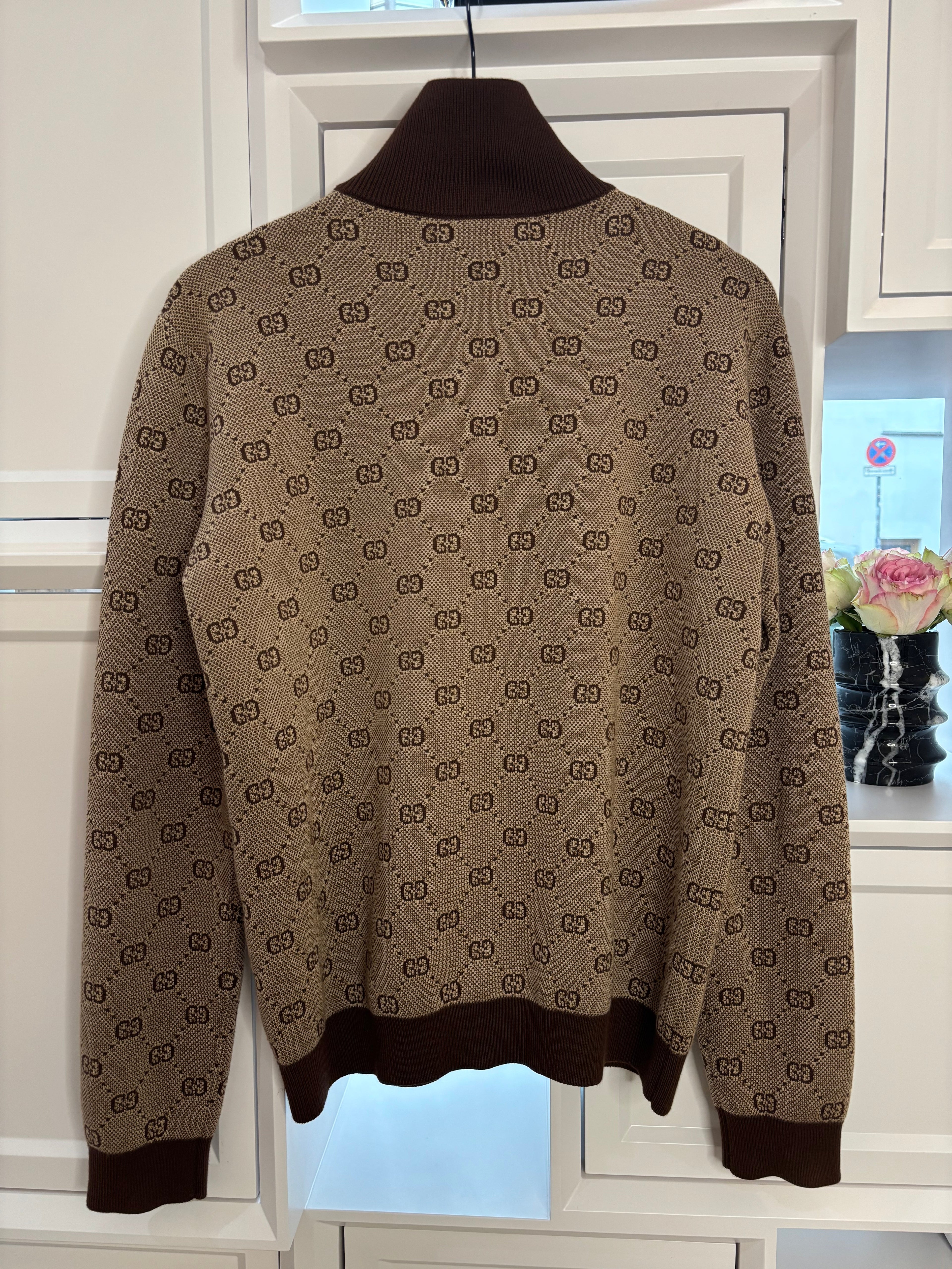 Gucci Brown GG Jacquard Wool Knit Bomber Jacket Size S