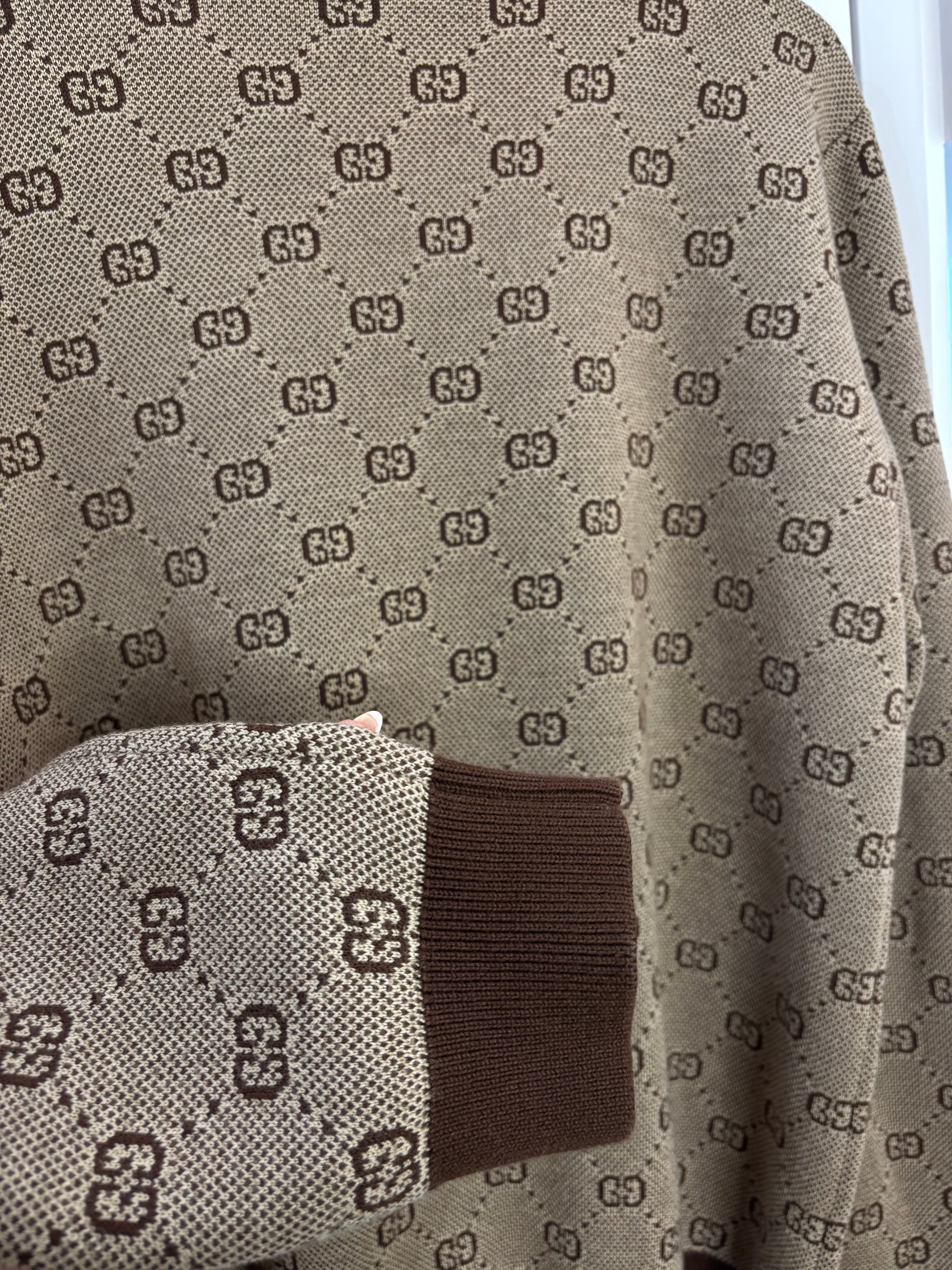 Gucci Brown GG Jacquard Wool Knit Bomber Jacket Size S