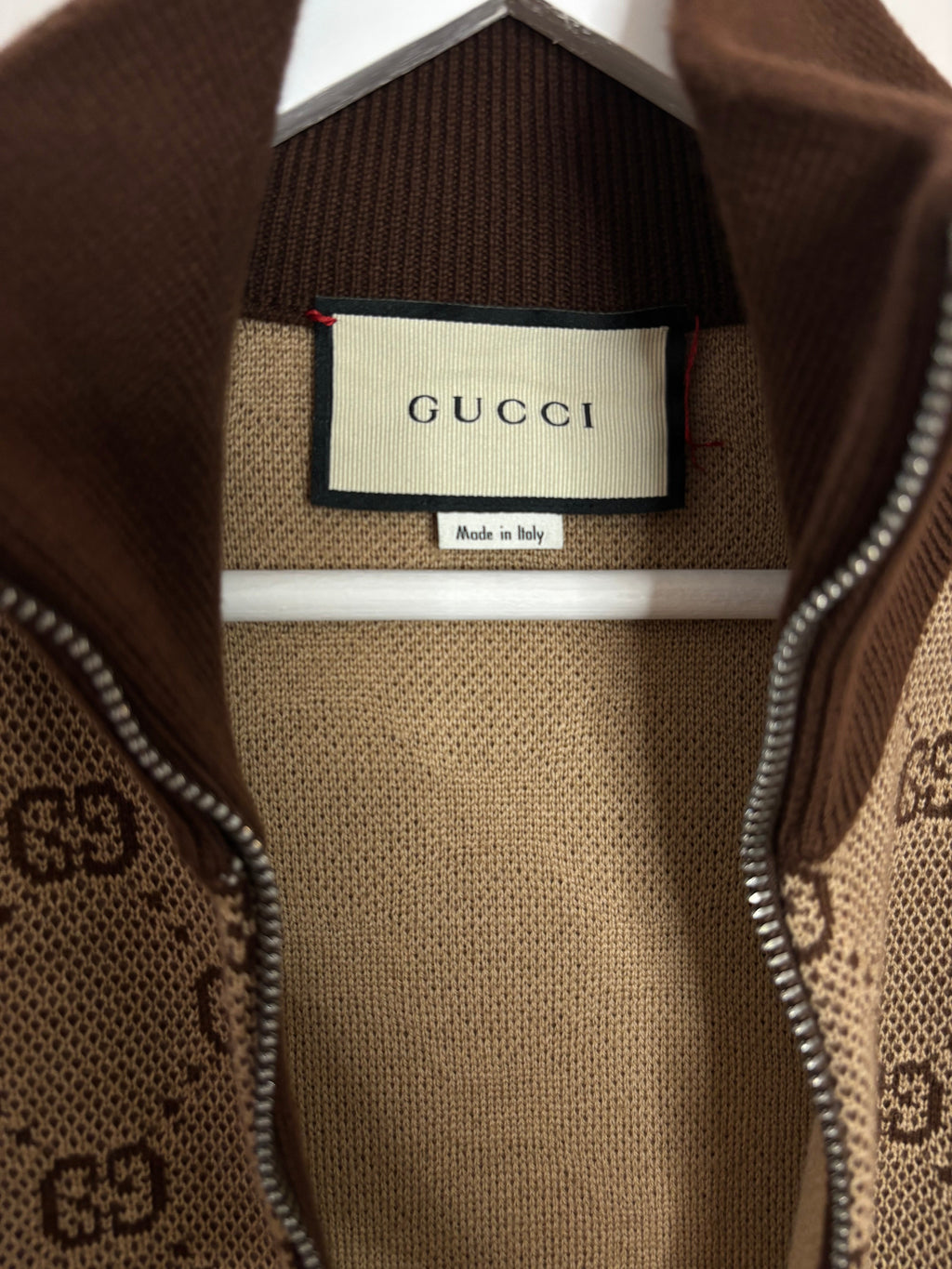 Gucci Brown GG Jacquard Wool Knit Bomber Jacket Size S