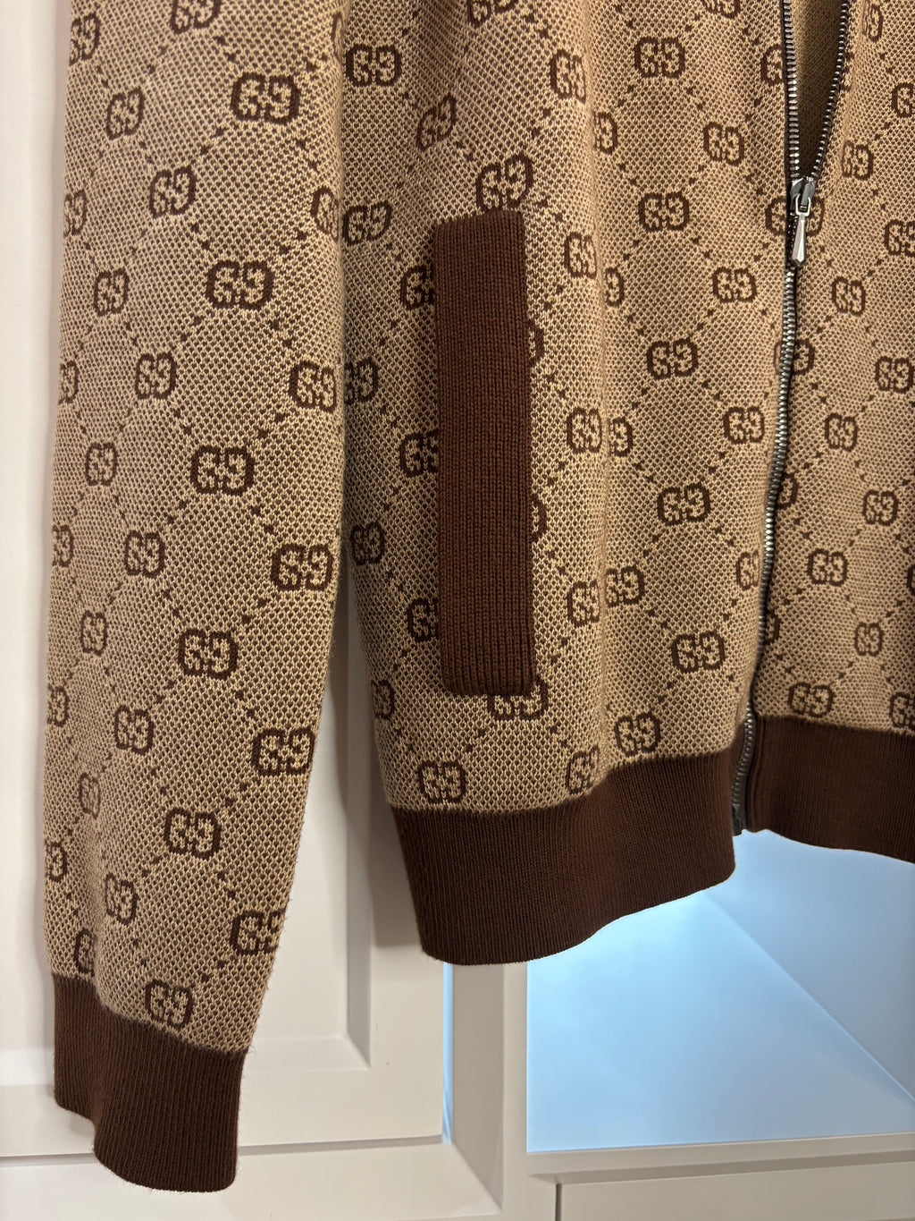 Gucci Brown GG Jacquard Wool Knit Bomber Jacket Size S