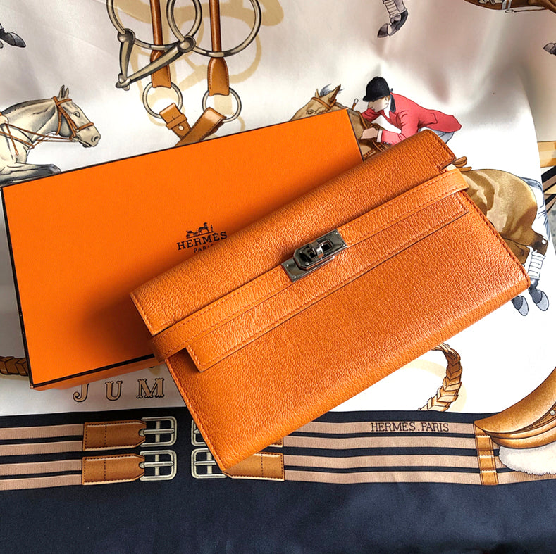 Hermes Orange Kelly Classic Longue Wallet Chevre