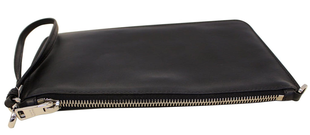 PRADA Black Leather Logo Plaque Wristlet Clutch Bag