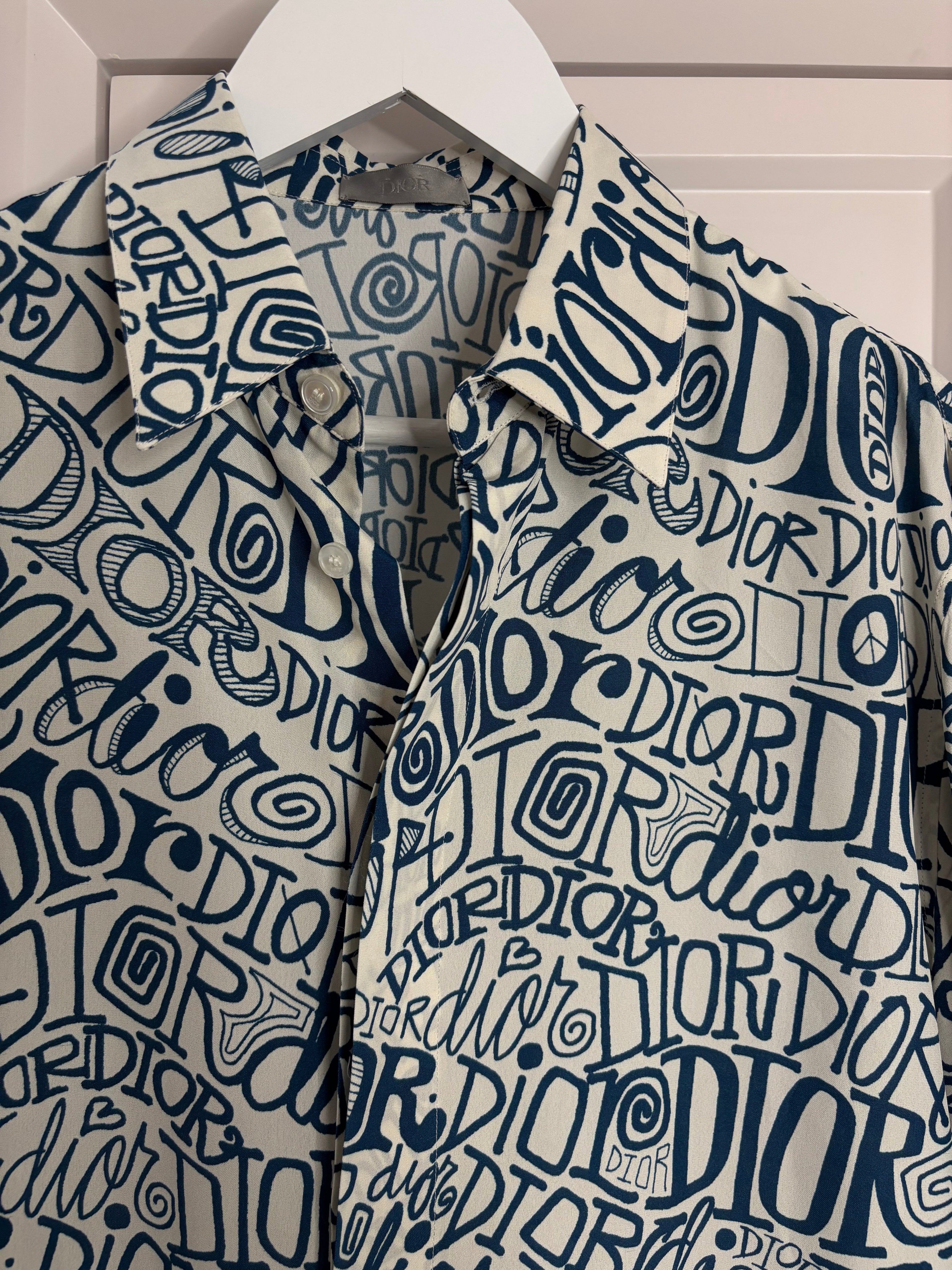 Dior White Logo Print Long Sleeve Shirt Men's Size 39