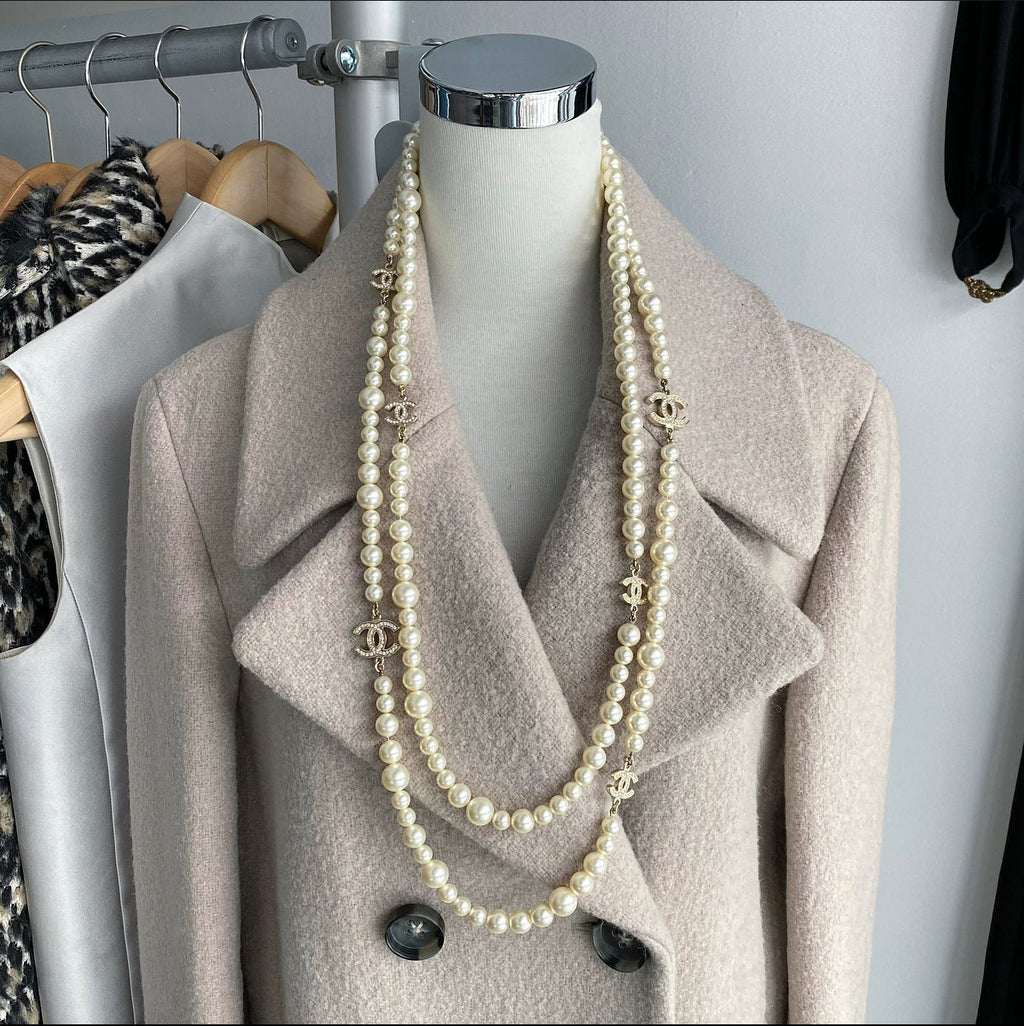 Chanel 12P Pearl Double Strand Necklace with Crystal CC Stations