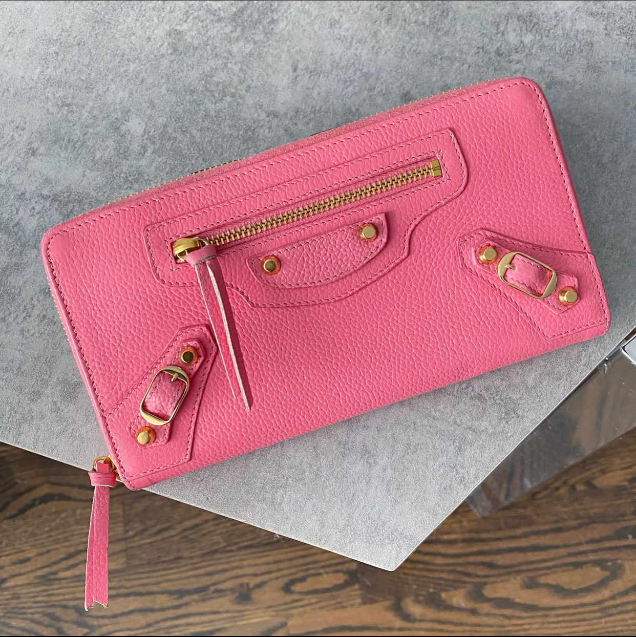 Balenciaga Pink Leather Classic City Zip Wallet