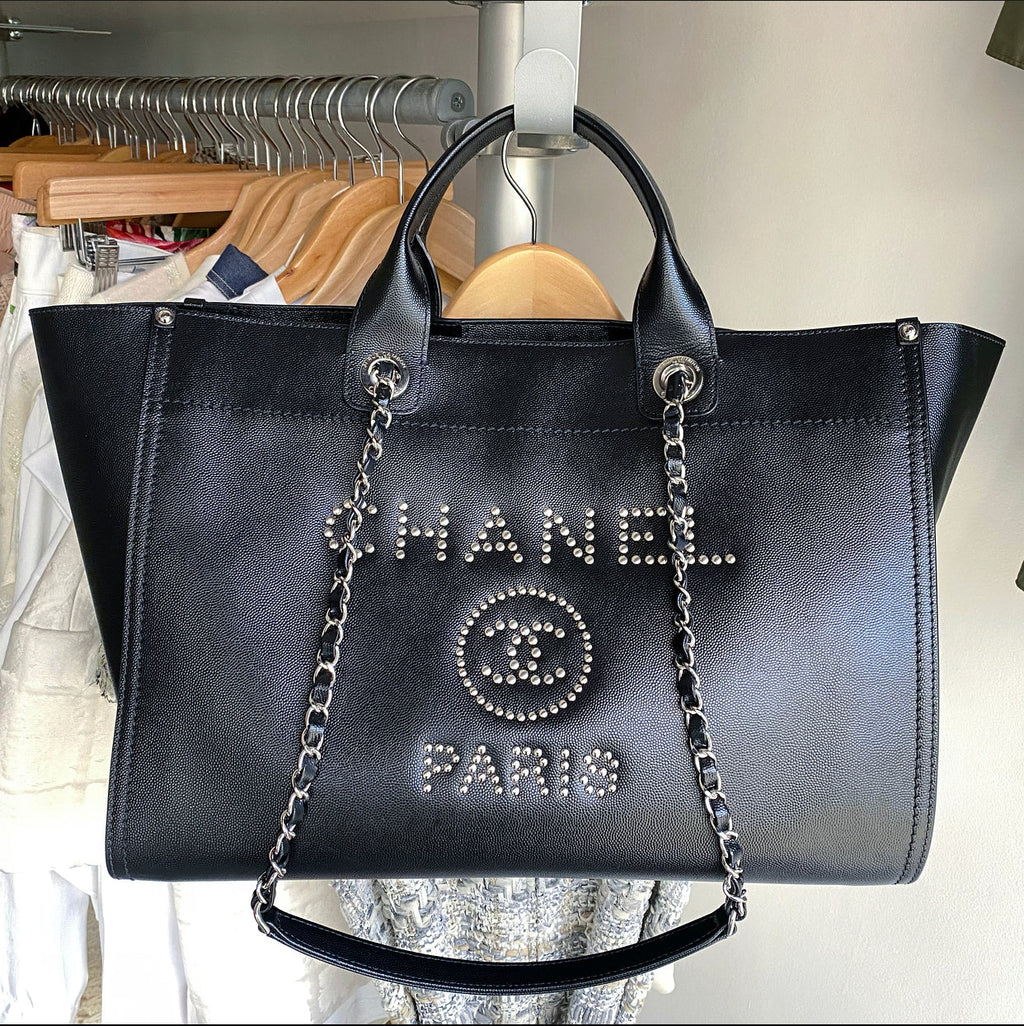 Chanel Black Deauville Caviar Leather Studded Large Tote Bag