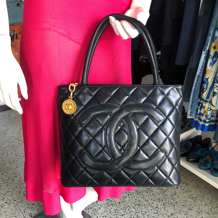 Chanel 1991 Vintage Black Lambskin CC Medallion Tote Bag