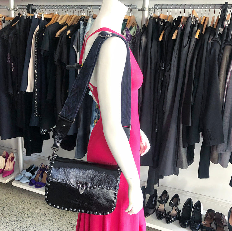 Valentino Noir Black Rockstud Rolling Guitar Strap Bag