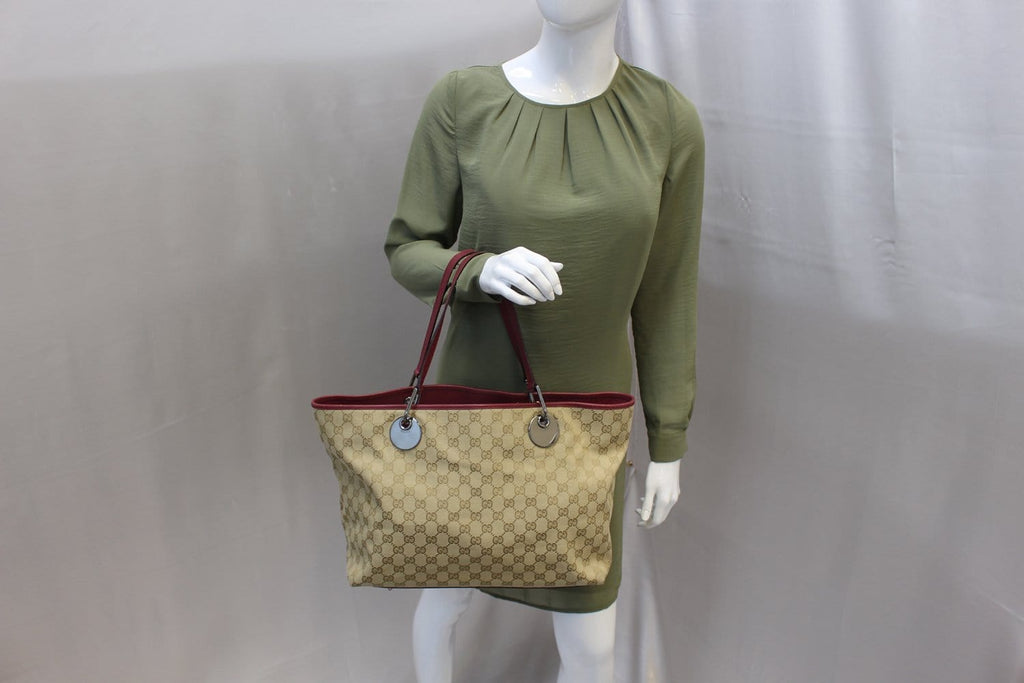 GUCCI Eclipse Beige Red GG Canvas Leather Tote Bag