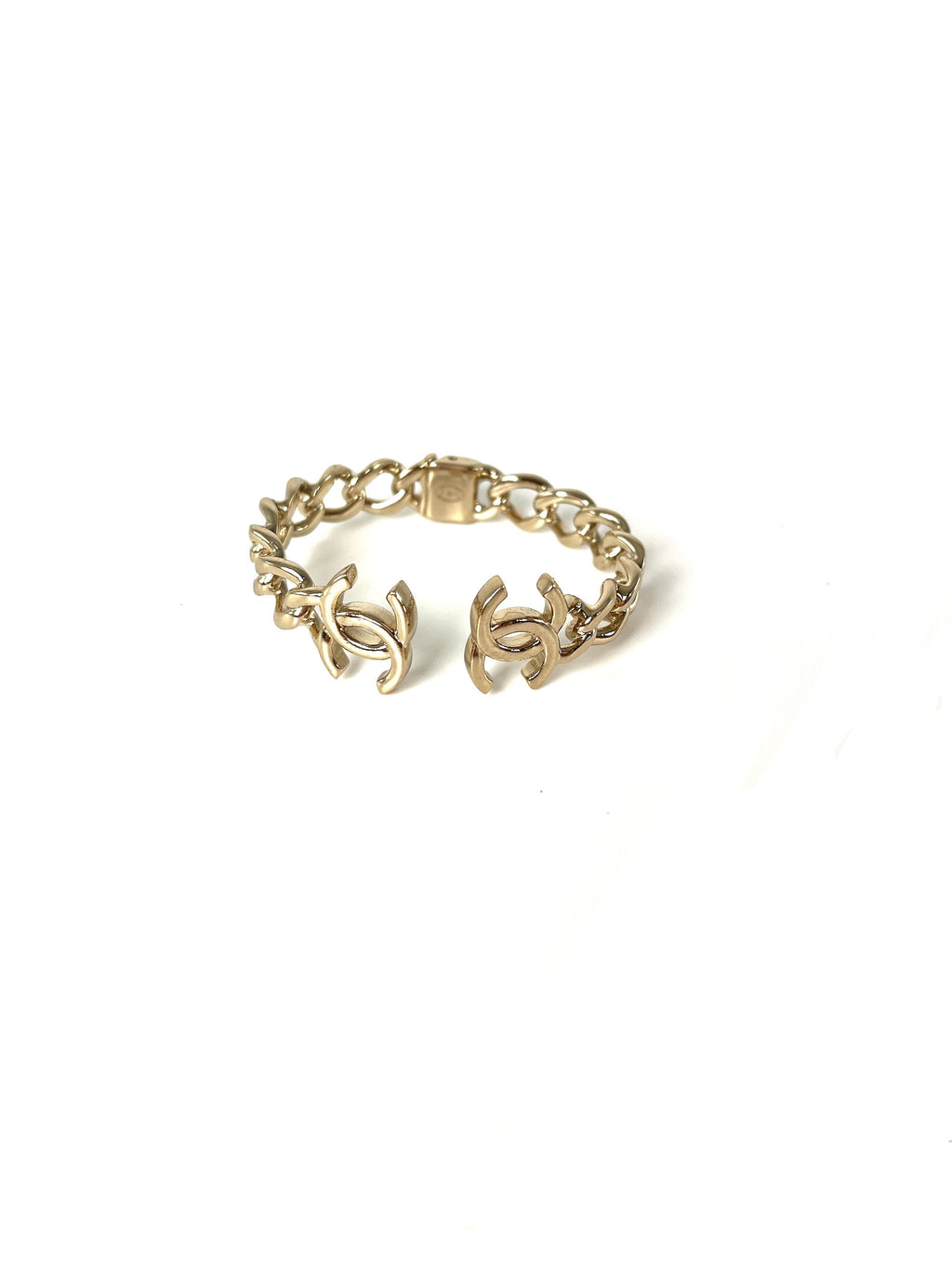 CHANEL 2022 CC Logo Light Gold Metal Cuff Bracelet