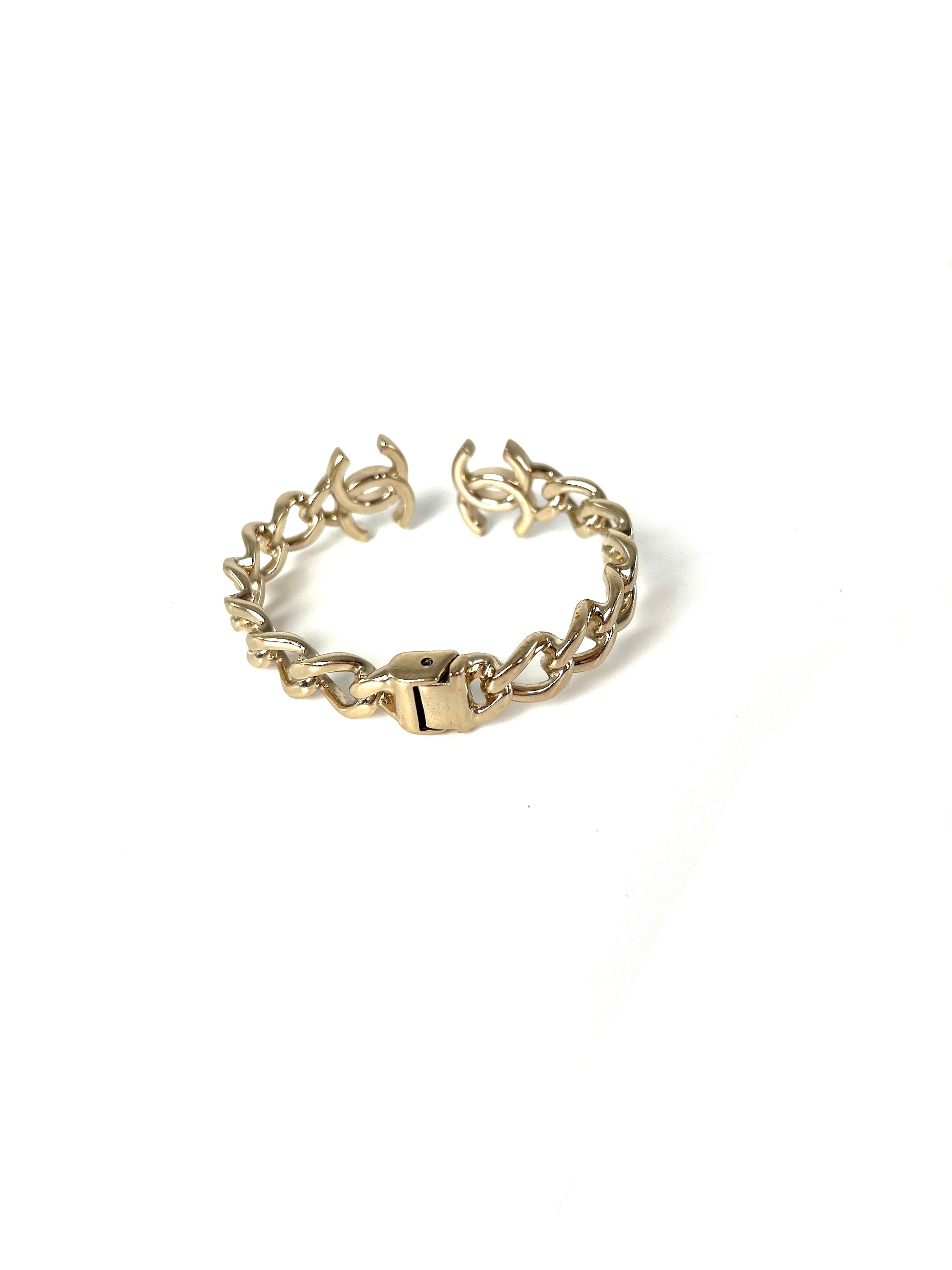 CHANEL 2022 CC Logo Light Gold Metal Cuff Bracelet
