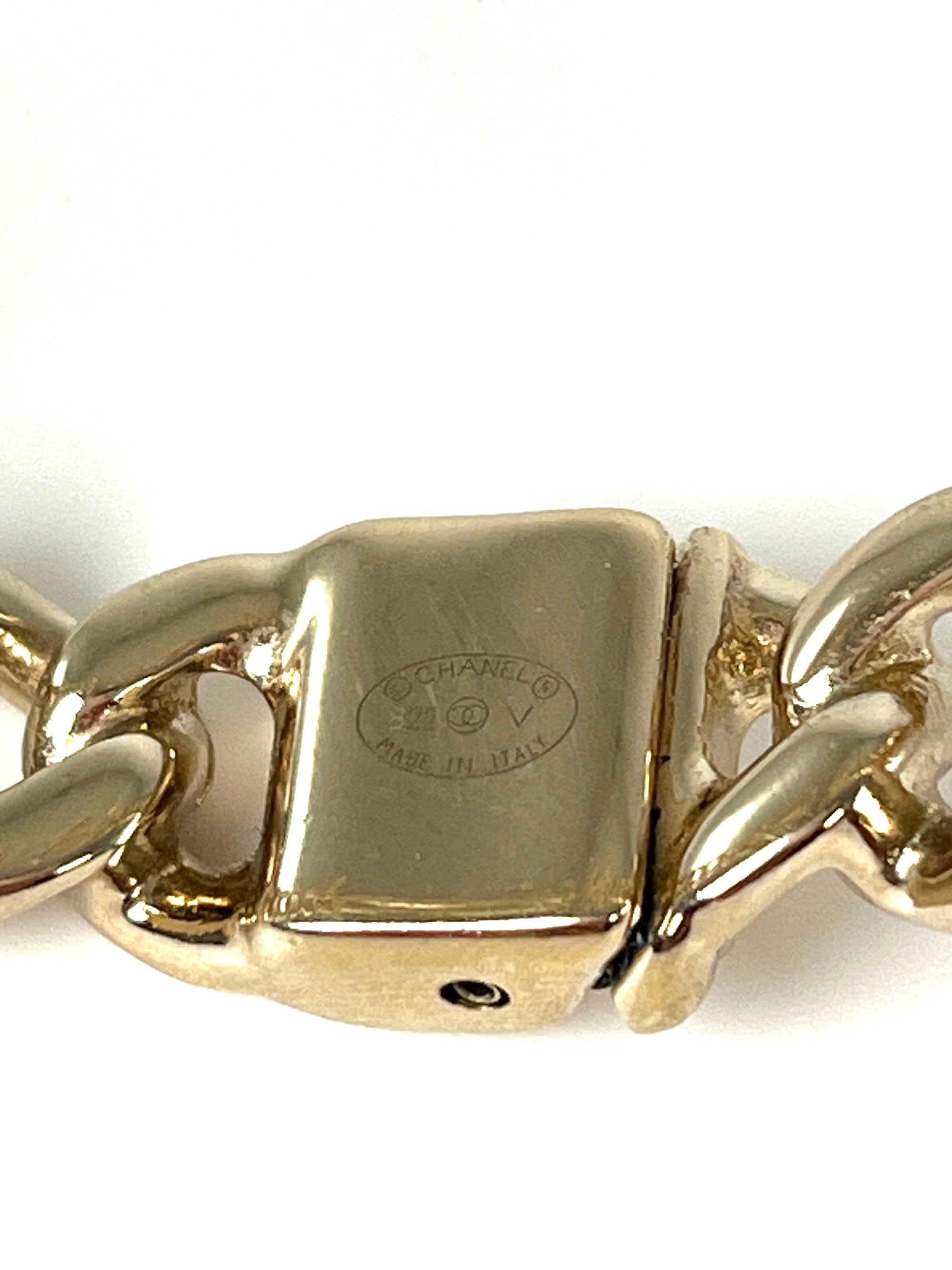 CHANEL 2022 CC Logo Light Gold Metal Cuff Bracelet